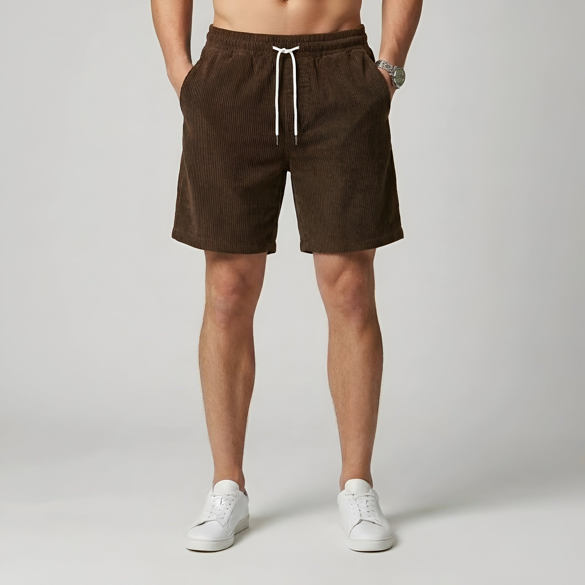 Shorts en velours côtelé pour hommes avec taille élastique, cordon de serrage et design estival décontracté