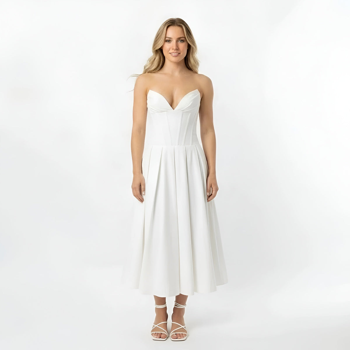 Women's strapless midi dress with corset top and flared skirt, party dress