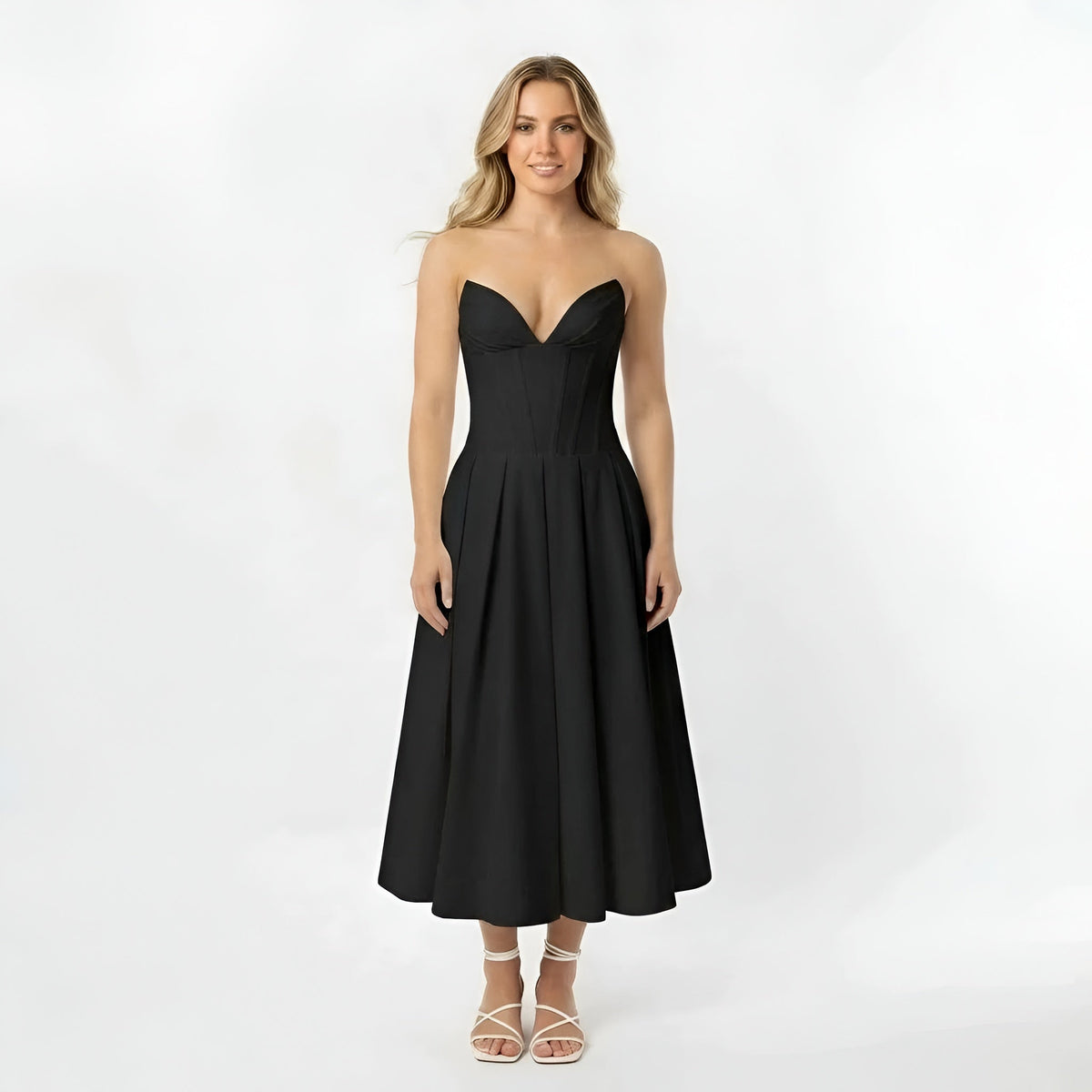 Women's strapless midi dress with corset top and flared skirt, party dress