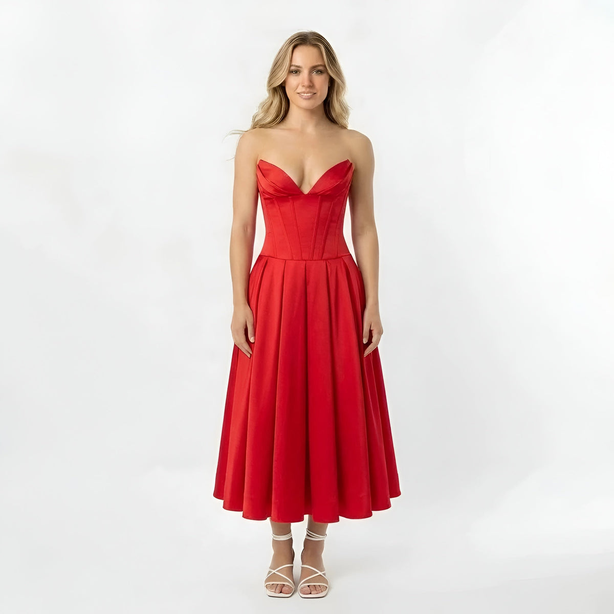 Women's strapless midi dress with corset top and flared skirt, party dress