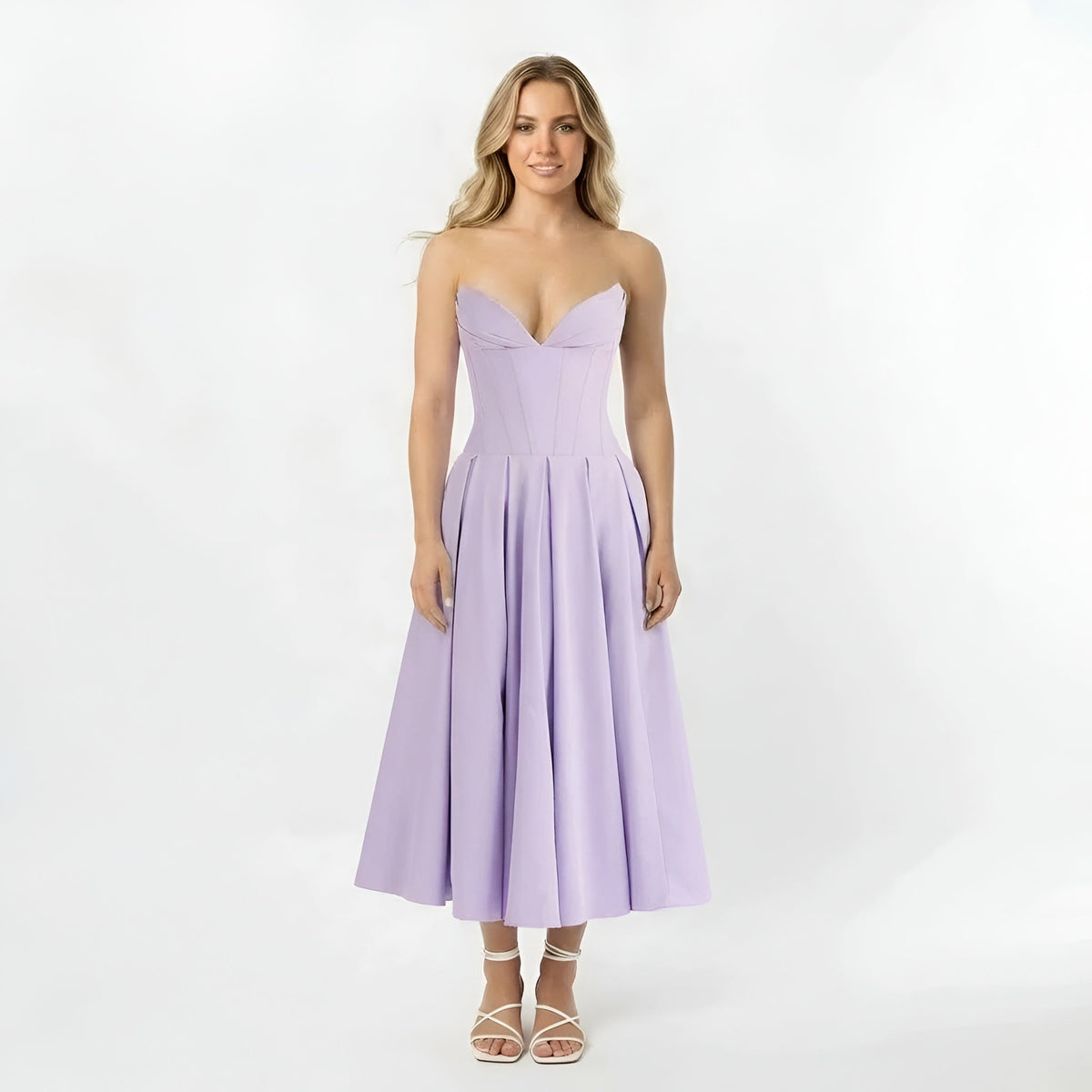 Women's strapless midi dress with corset top and flared skirt, party dress