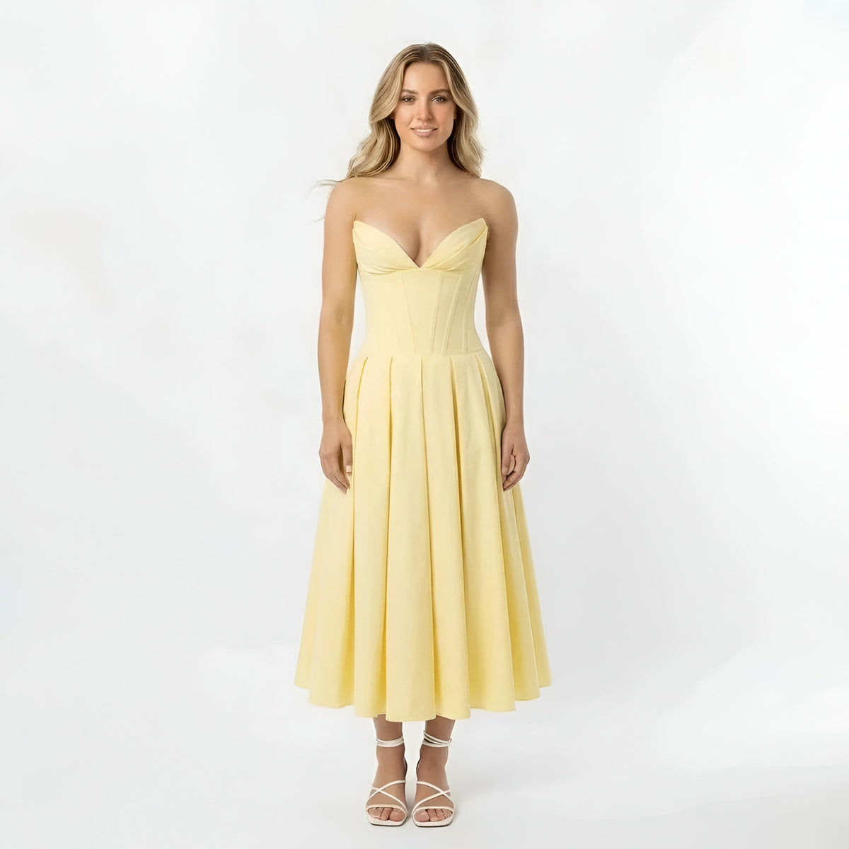 Women's strapless midi dress with corset top and flared skirt, party dress
