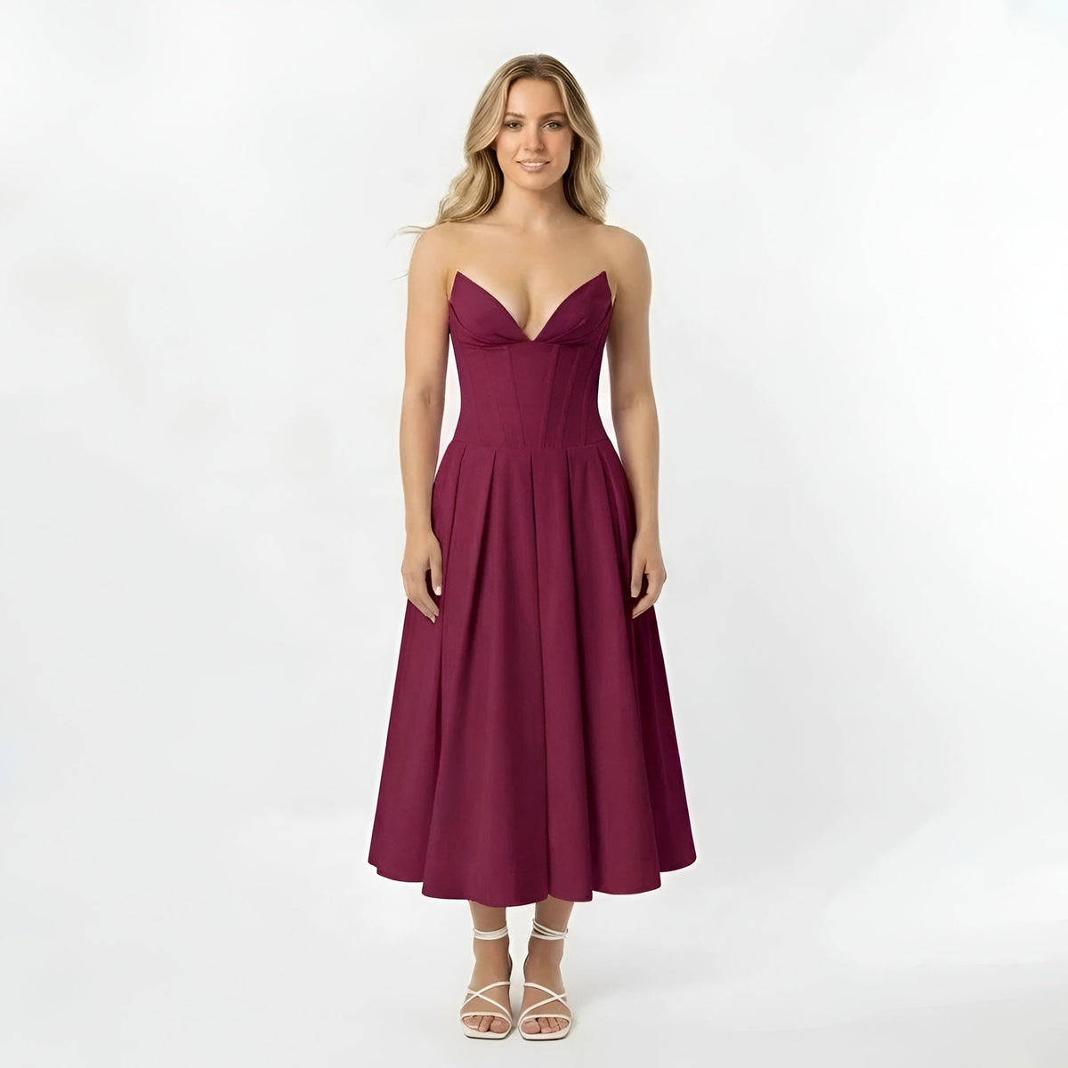 Women's strapless midi dress with corset top and flared skirt, party dress