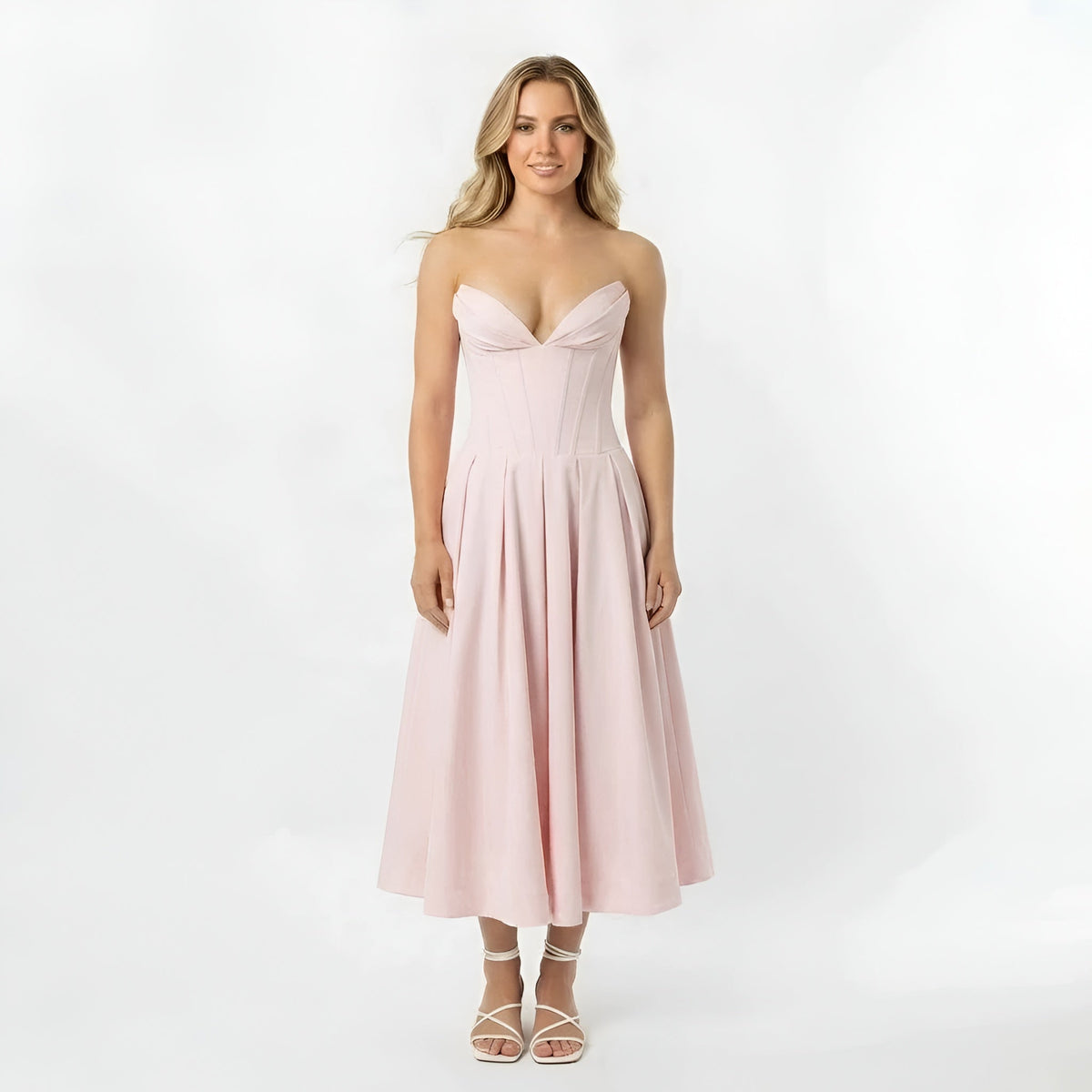 Women's strapless midi dress with corset top and flared skirt, party dress