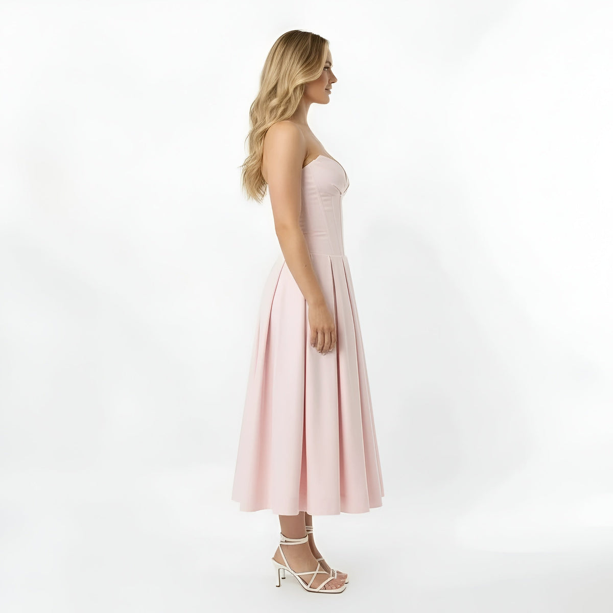 Women's strapless midi dress with corset top and flared skirt, party dress