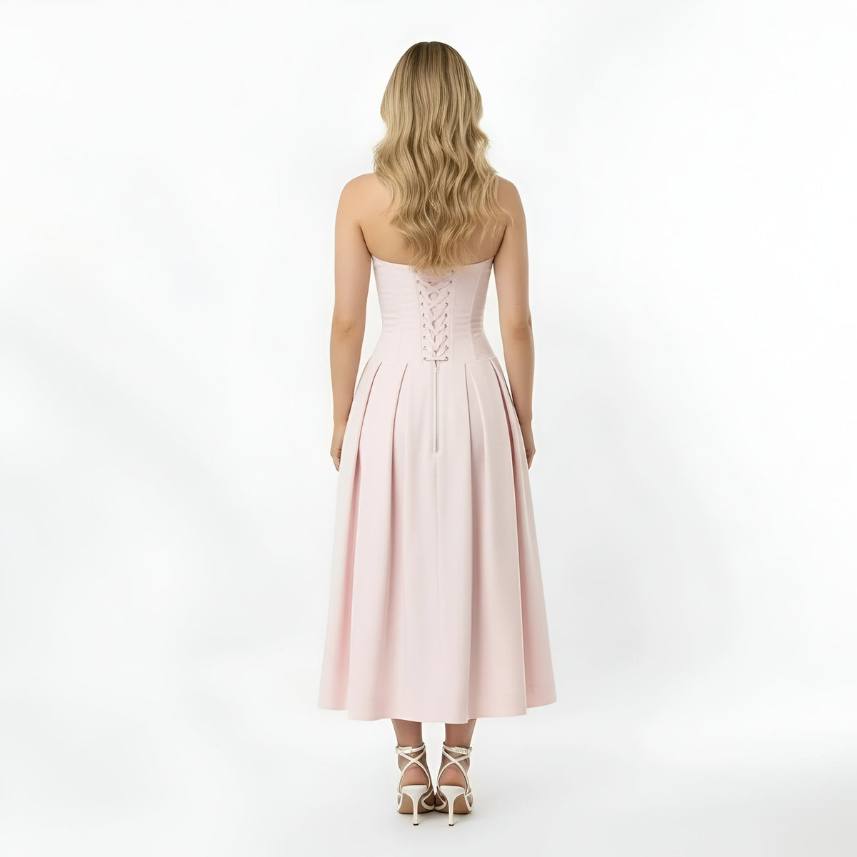 Women's strapless midi dress with corset top and flared skirt, party dress