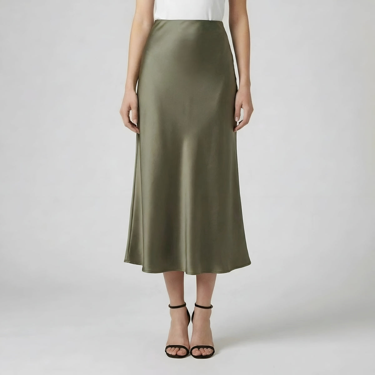 Lang satin nederdel dame høj talje elegant midi nederdel silke look