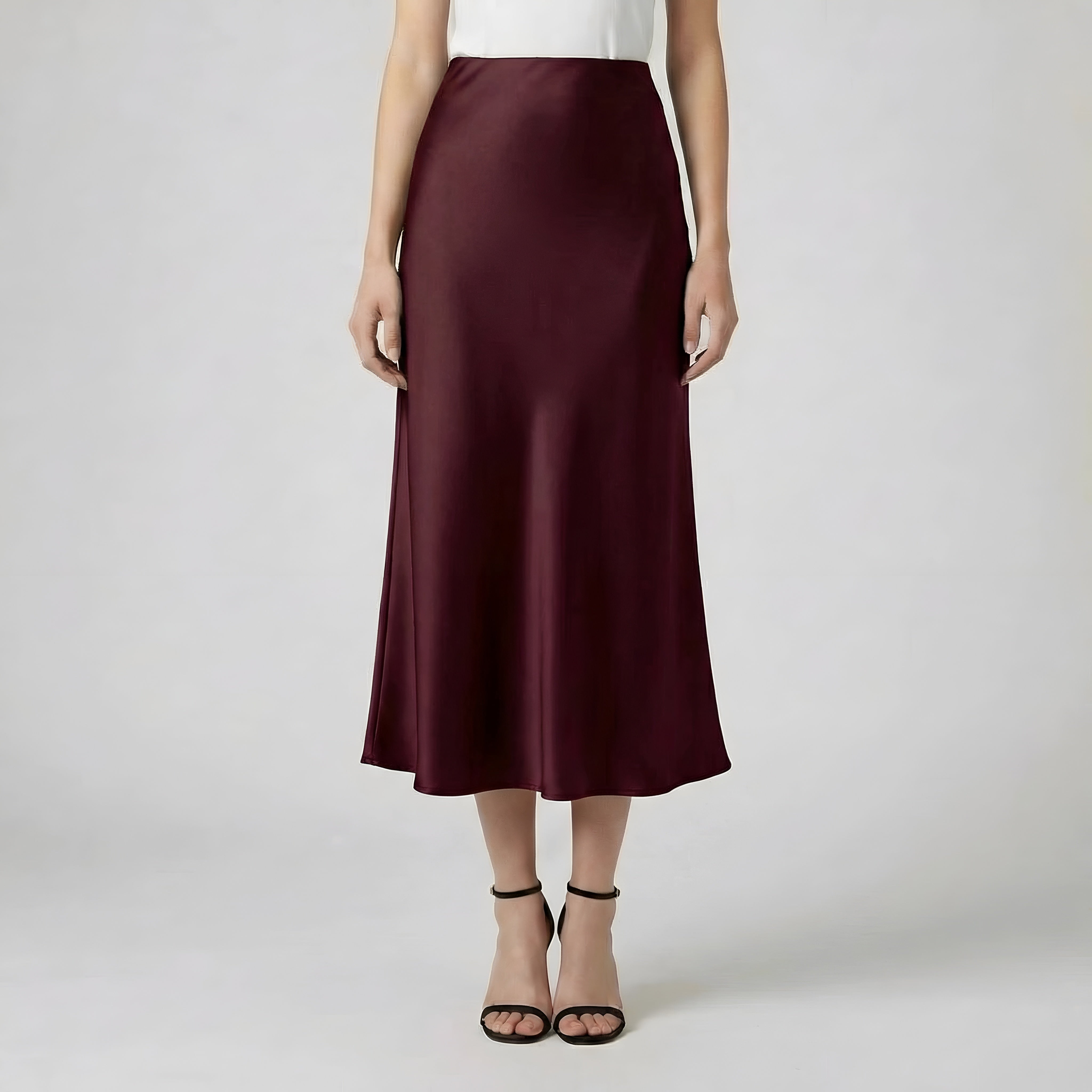 Saia midi elegante de cetim longo para senhora, cintura alta, aspeto seda