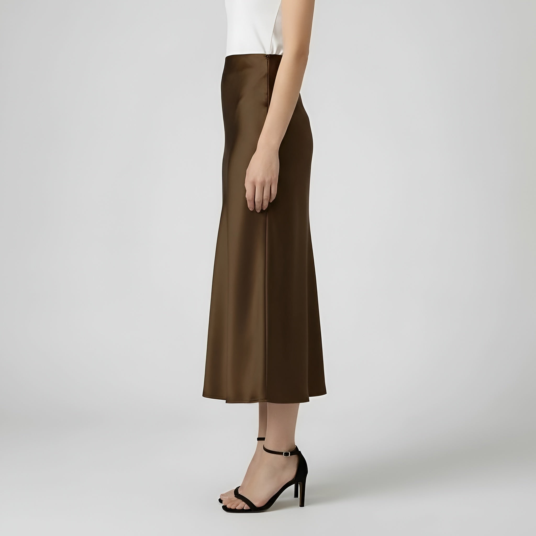 Saia midi elegante de cetim longo para senhora, cintura alta, aspeto seda