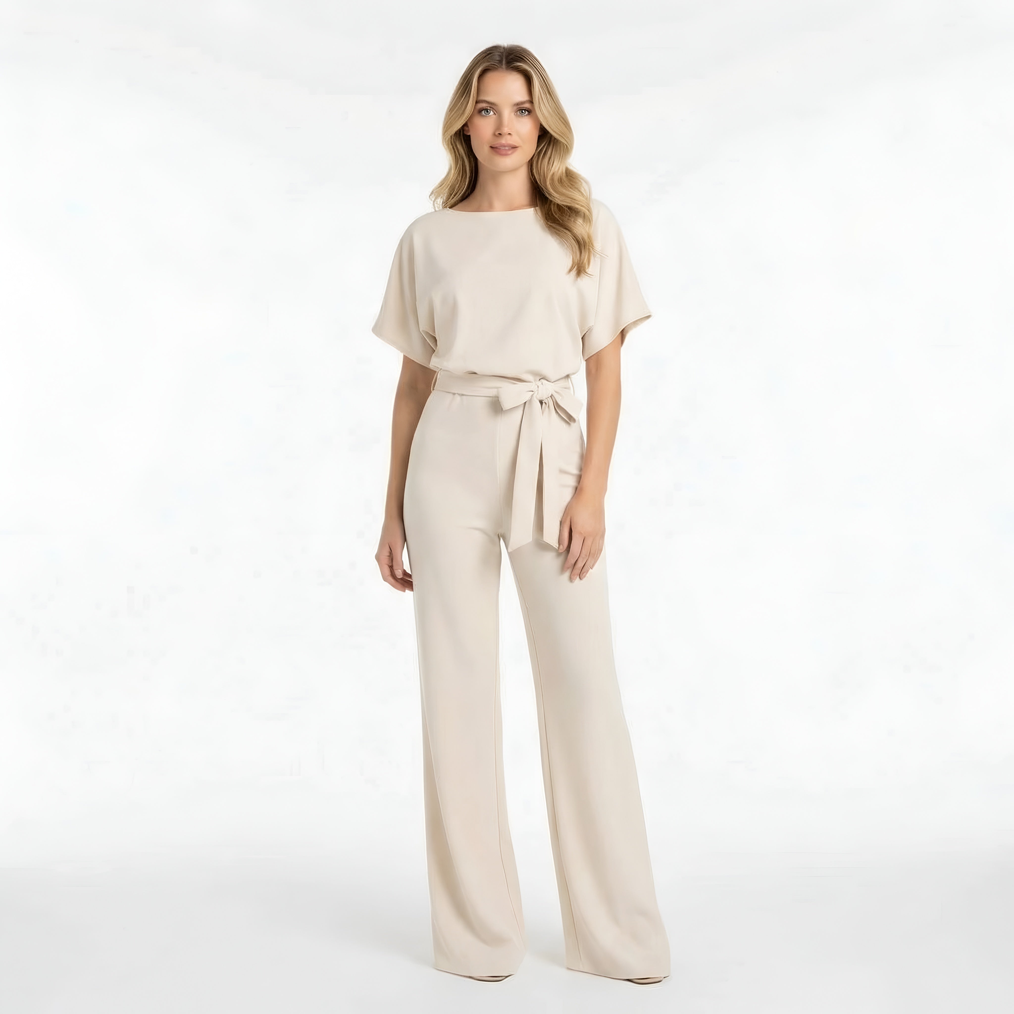 Dámsky overal s krátkym rukávom, opaskom, voľným strihom, dlhé nohavice, ležérny overal