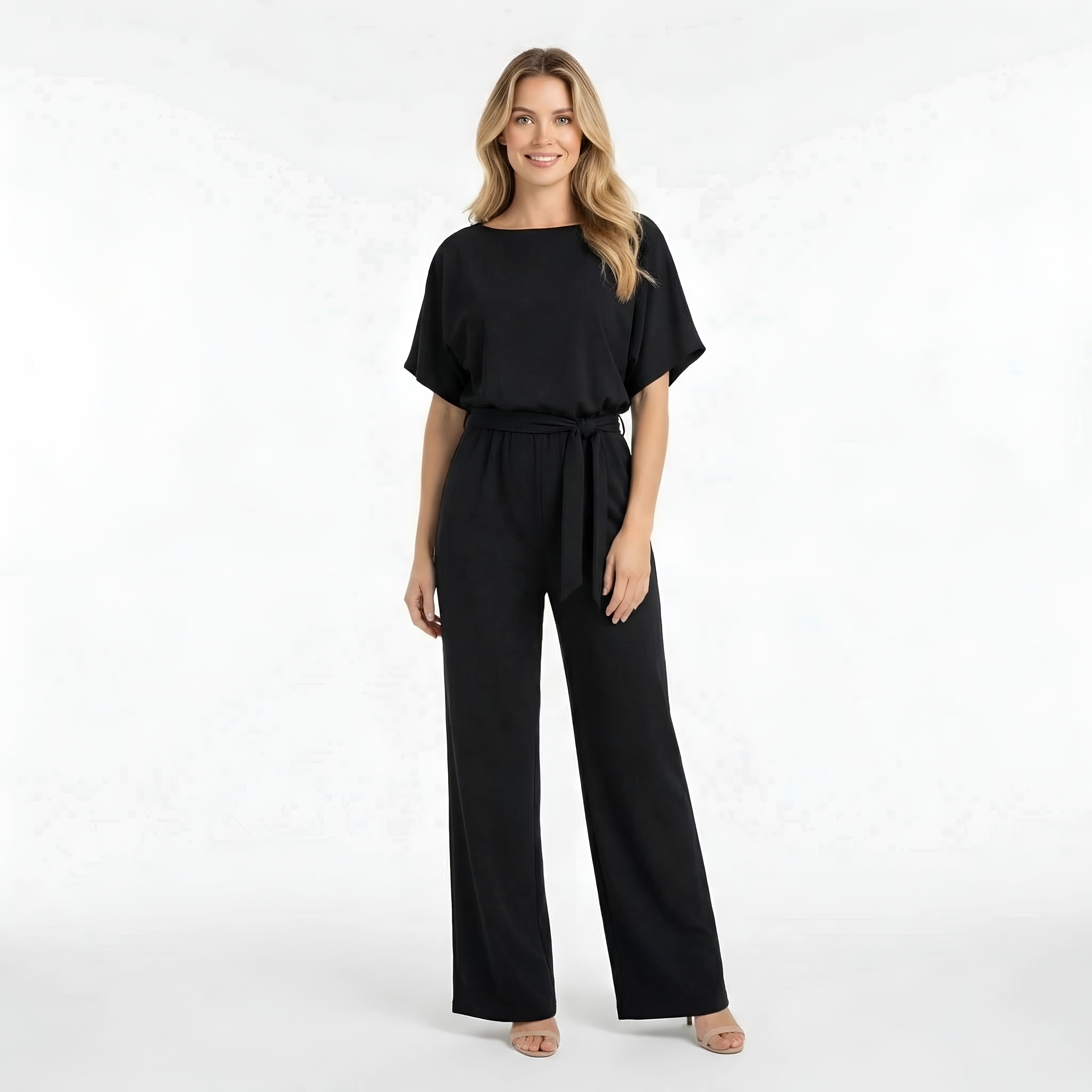 Dámsky overal s krátkym rukávom, opaskom, voľným strihom, dlhé nohavice, ležérny overal