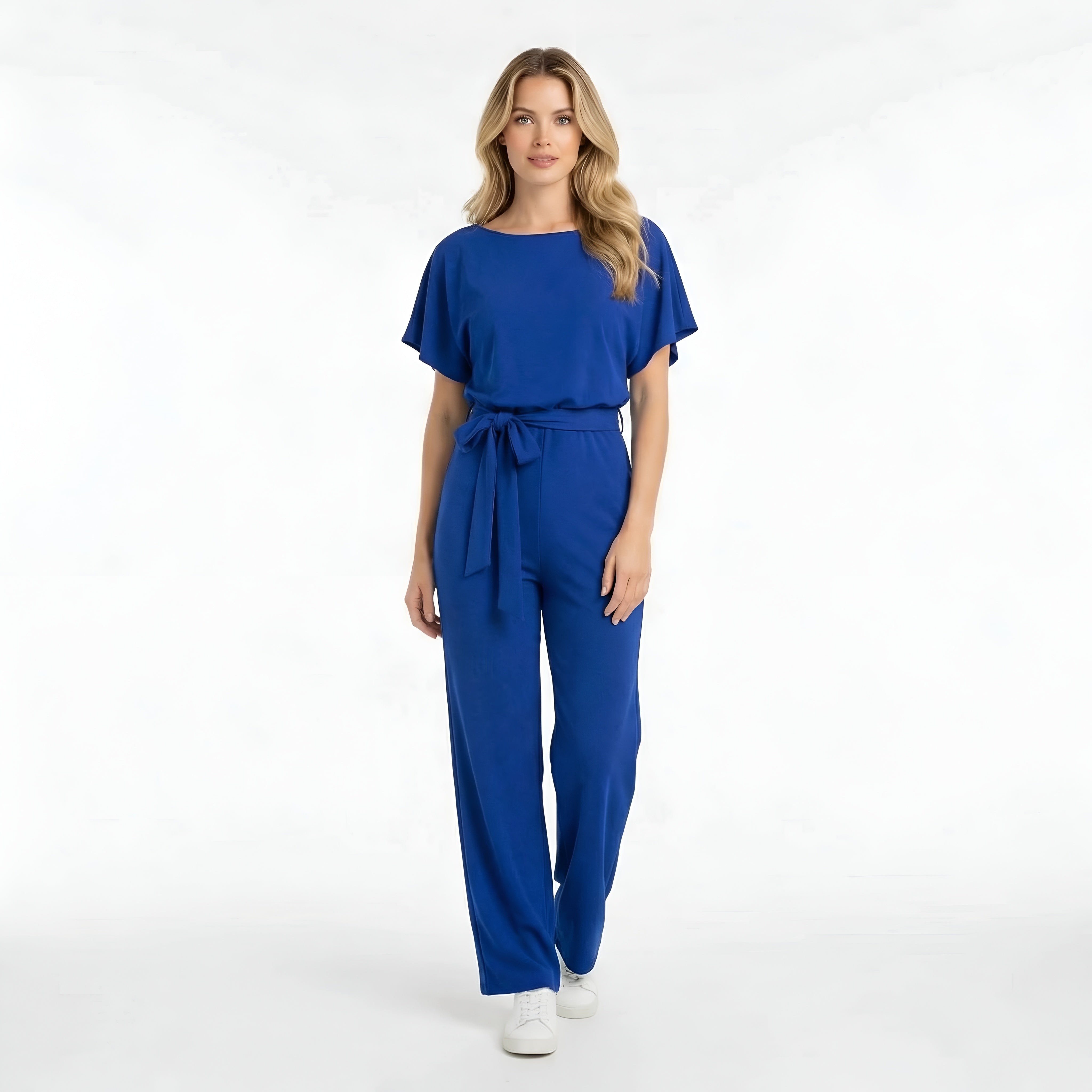 Dámsky overal s krátkym rukávom, opaskom, voľným strihom, dlhé nohavice, ležérny overal