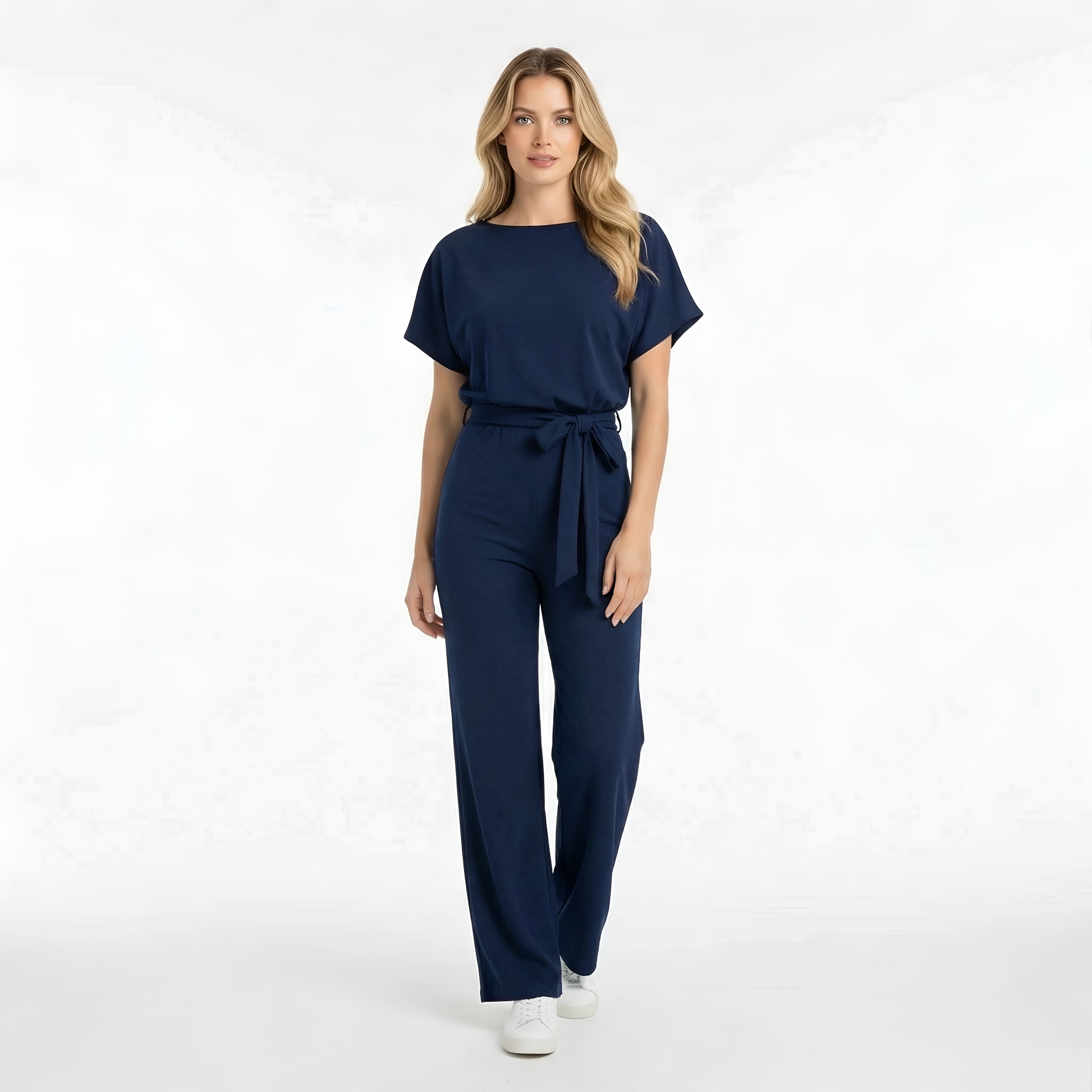 Dámsky overal s krátkym rukávom, opaskom, voľným strihom, dlhé nohavice, ležérny overal