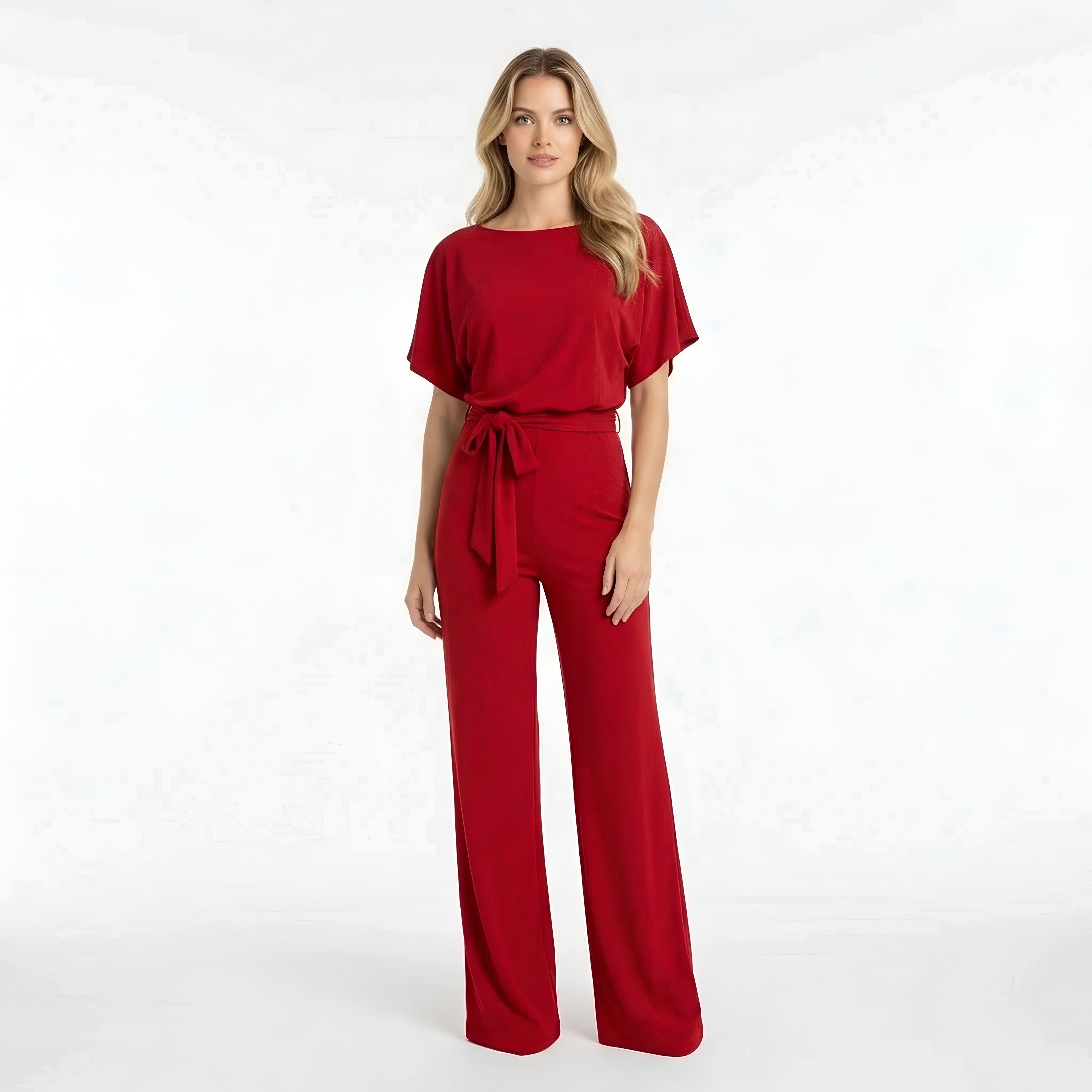 Dámsky overal s krátkym rukávom, opaskom, voľným strihom, dlhé nohavice, ležérny overal