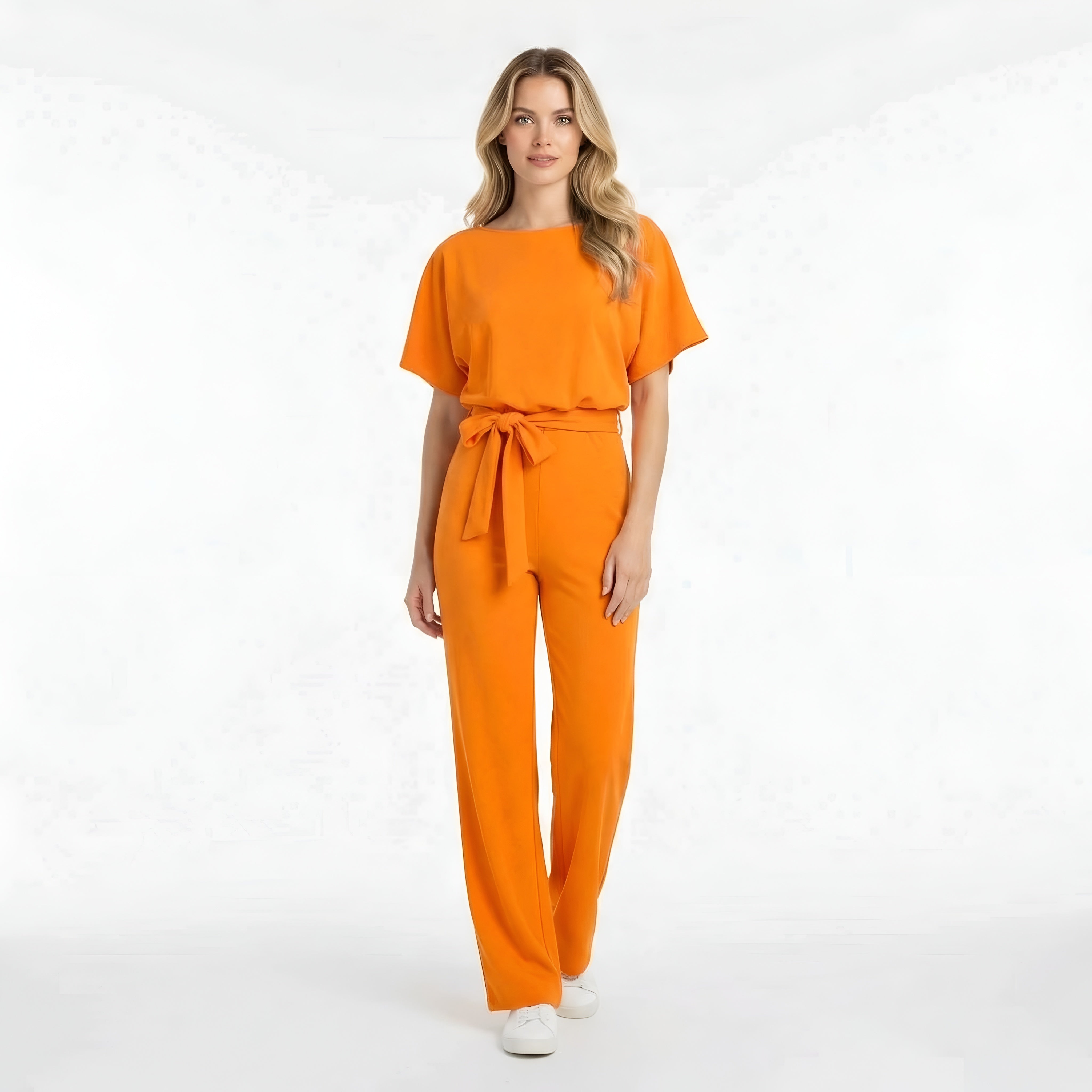 Dámsky overal s krátkym rukávom, opaskom, voľným strihom, dlhé nohavice, ležérny overal