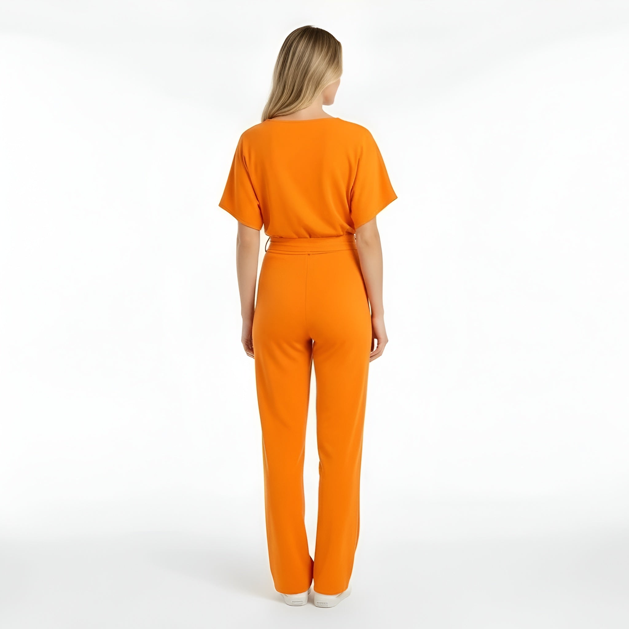 Dámsky overal s krátkym rukávom, opaskom, voľným strihom, dlhé nohavice, ležérny overal