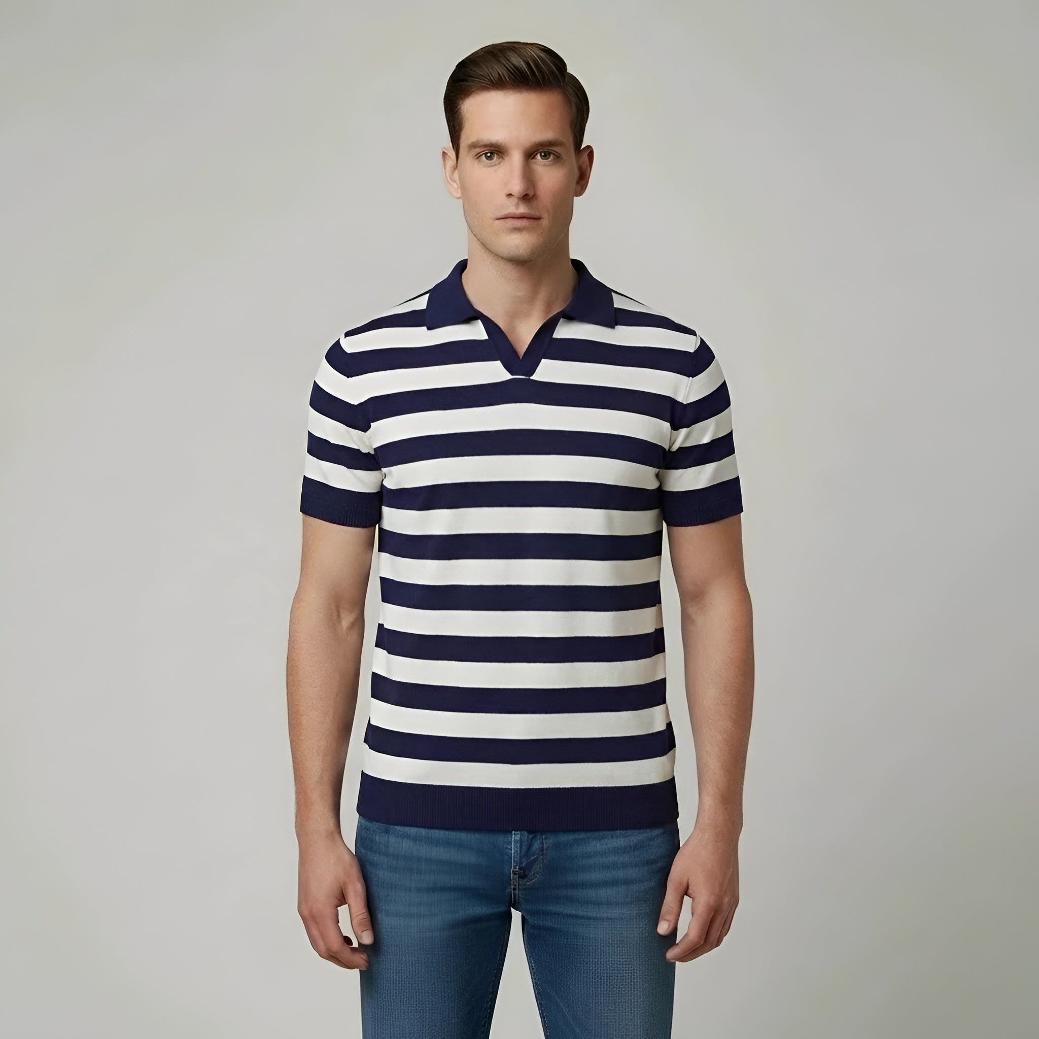 Camiseta polo de hombre a rayas, manga corta, algodón, polo clásico de corte clásico, top casual