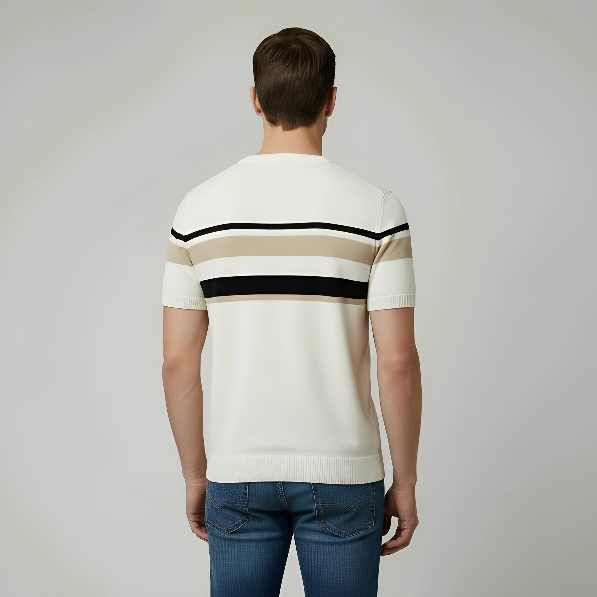 Camiseta de punto para hombre, algodón, manga corta, camiseta a rayas, cuello redondo, ajuste casual