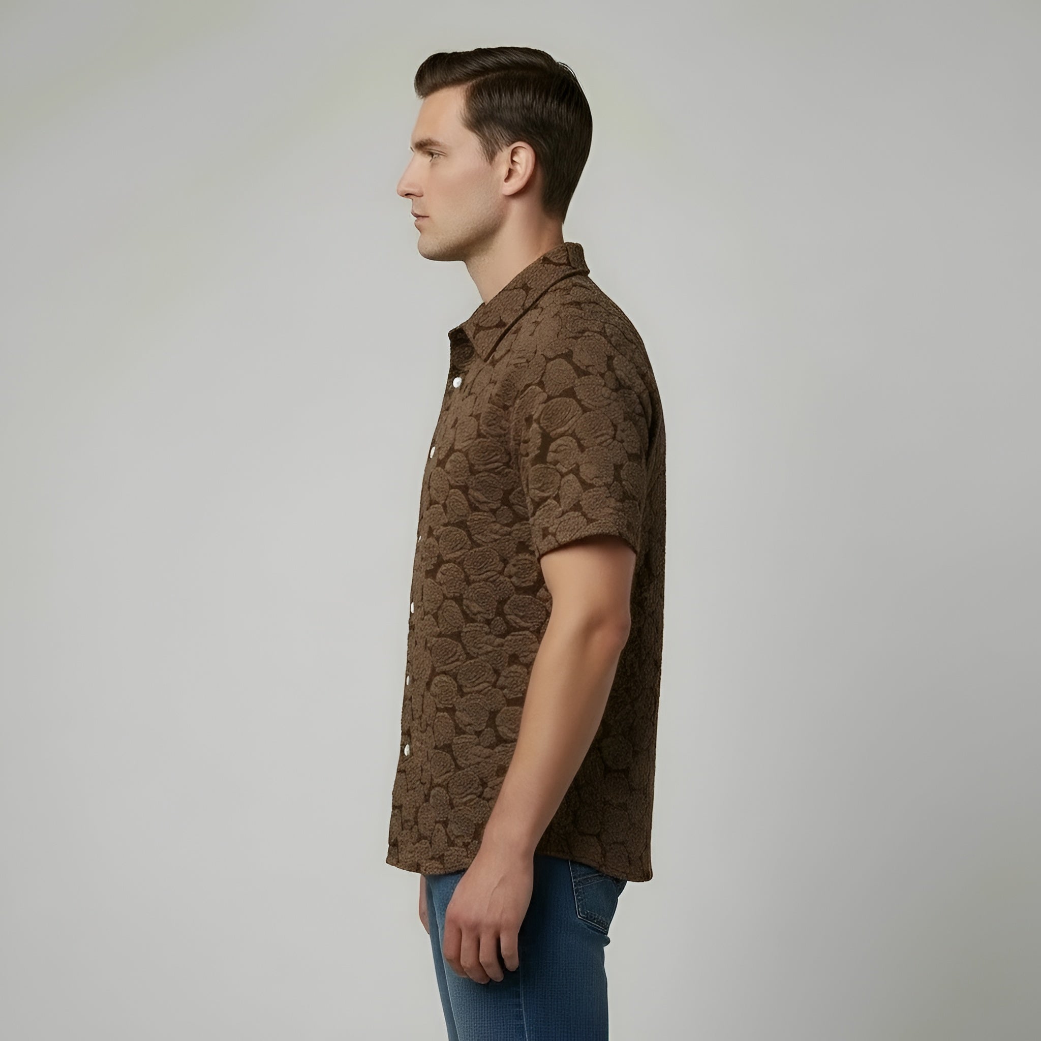 Camisa de hombre de algodón de manga corta con estampado, camisa casual abotonada, corte regular