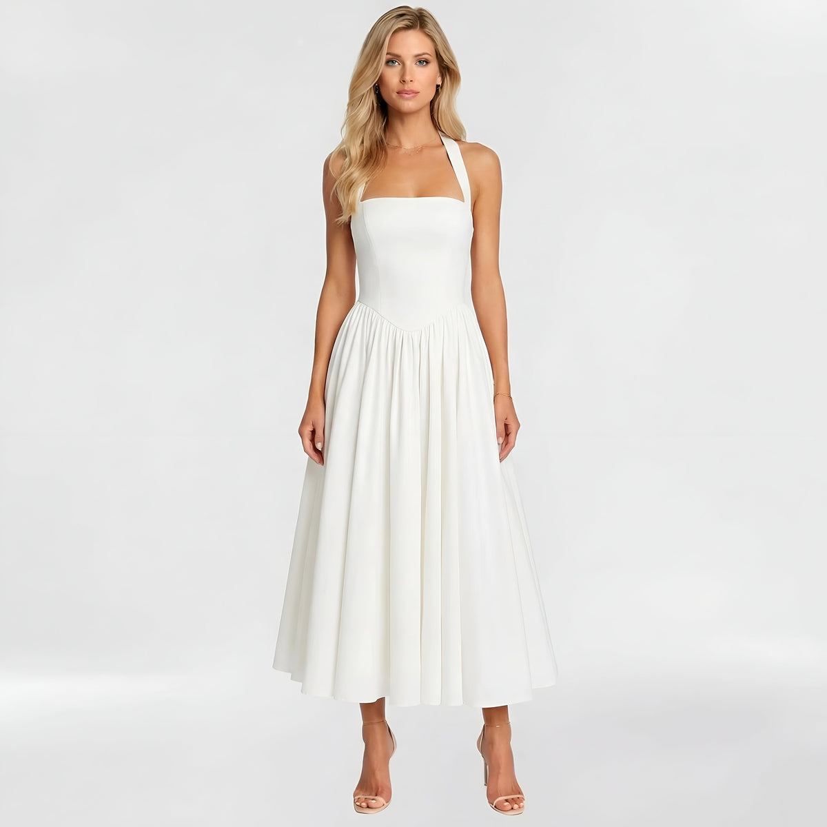 Women's midi dress with halter neck and A-line fit, elegant party dress