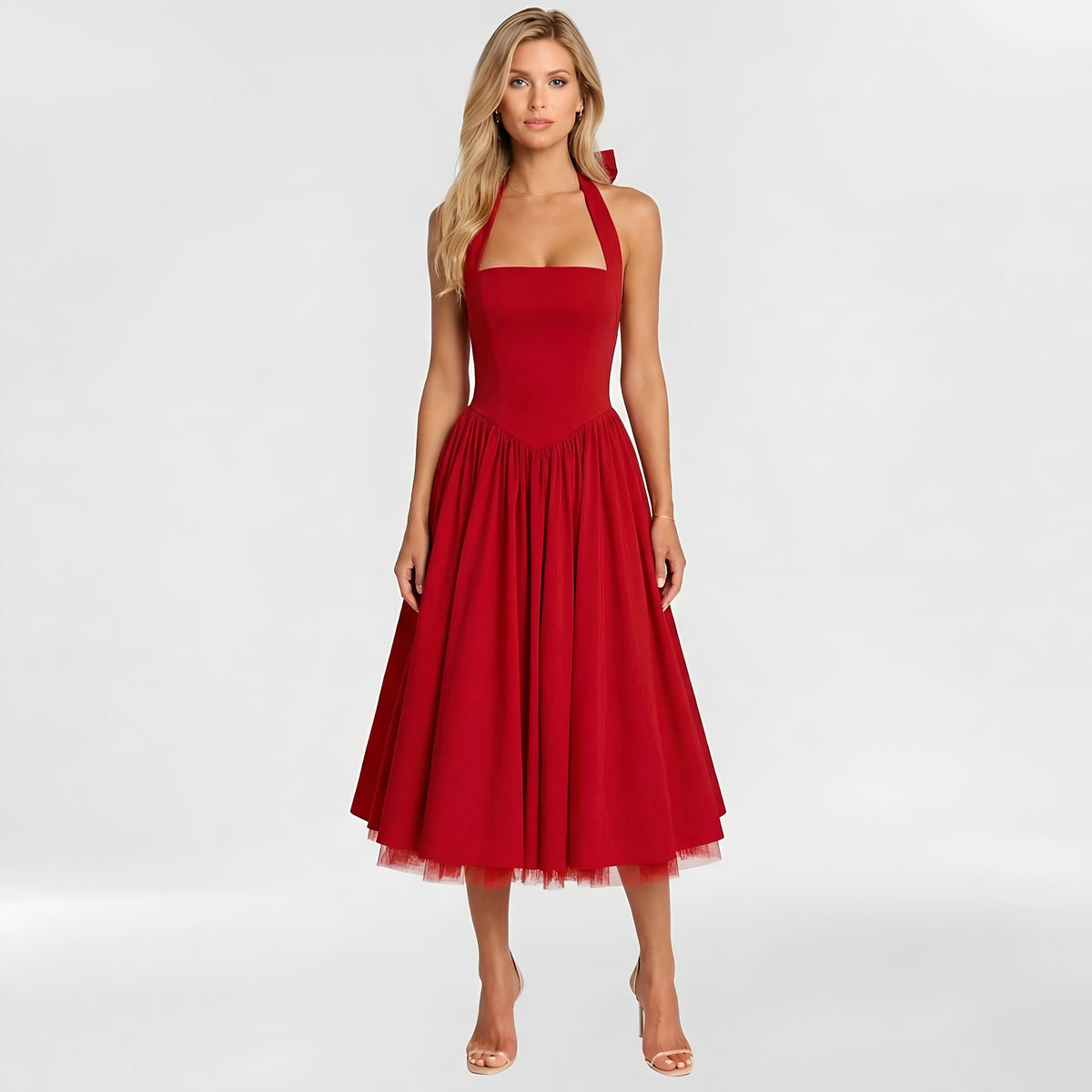 Women's midi dress with halter neck and A-line fit, elegant party dress