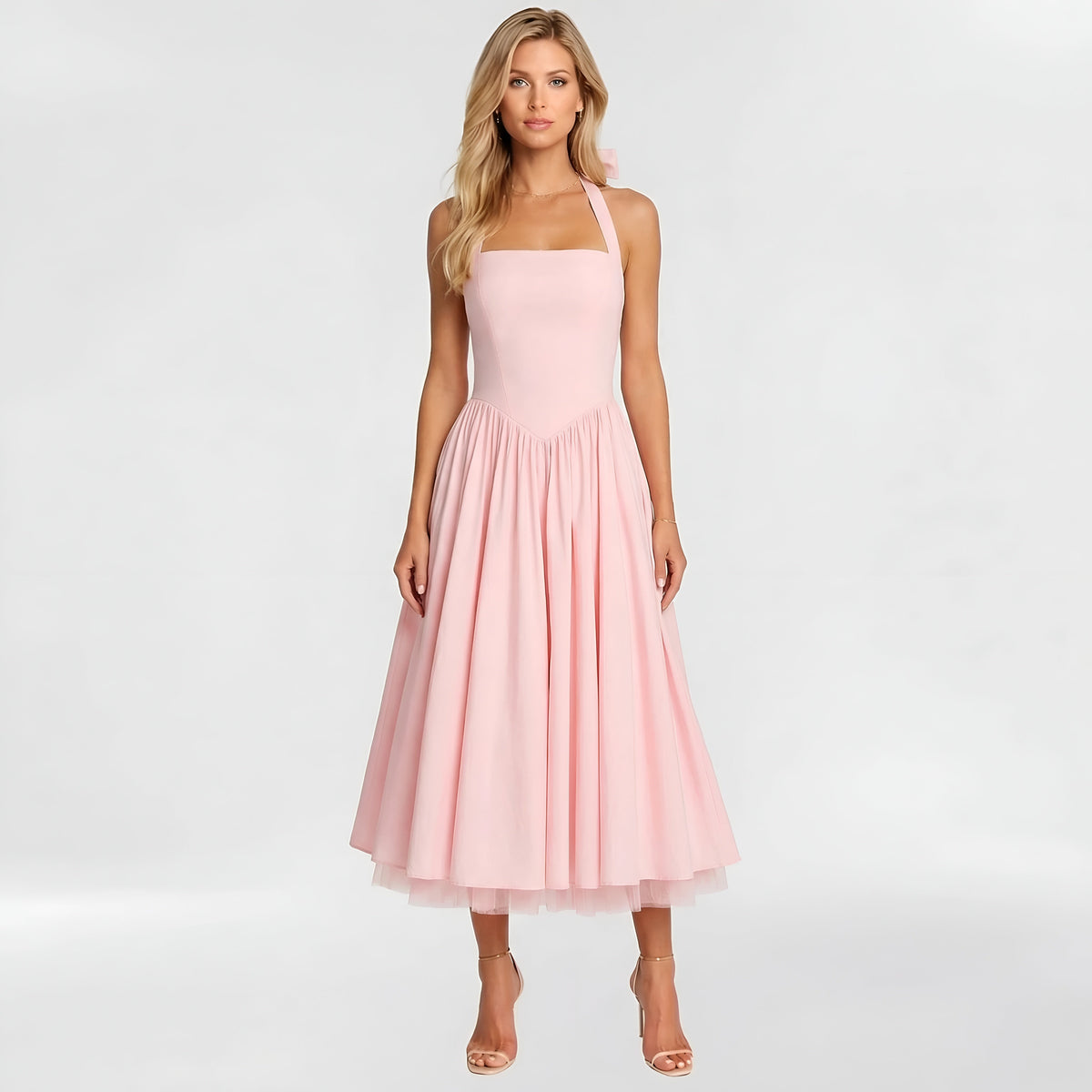 Women's midi dress with halter neck and A-line fit, elegant party dress