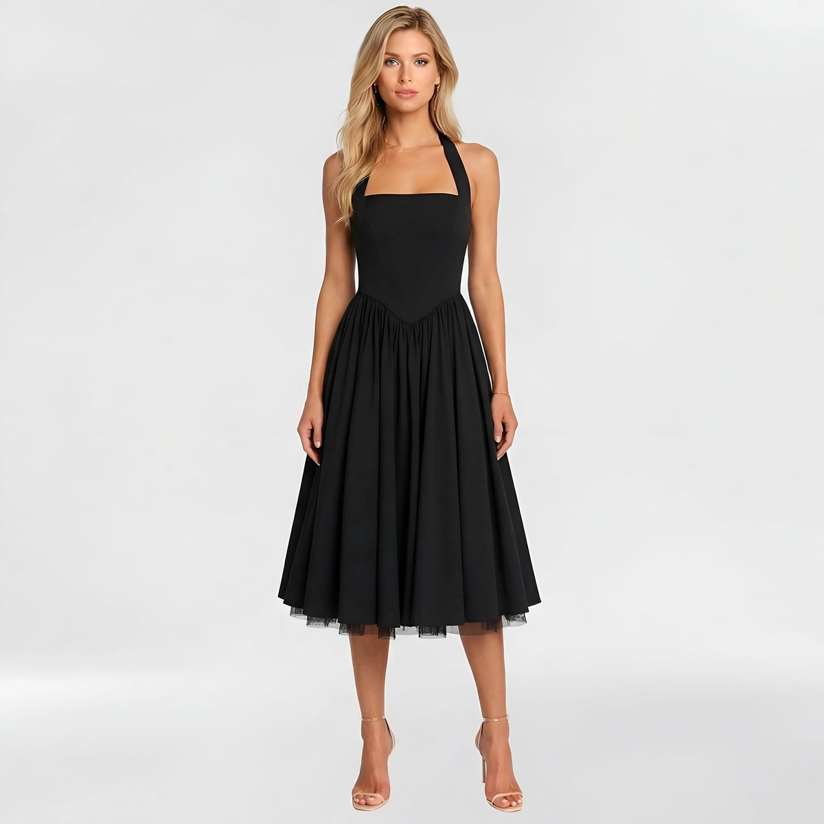 Women's midi dress with halter neck and A-line fit, elegant party dress