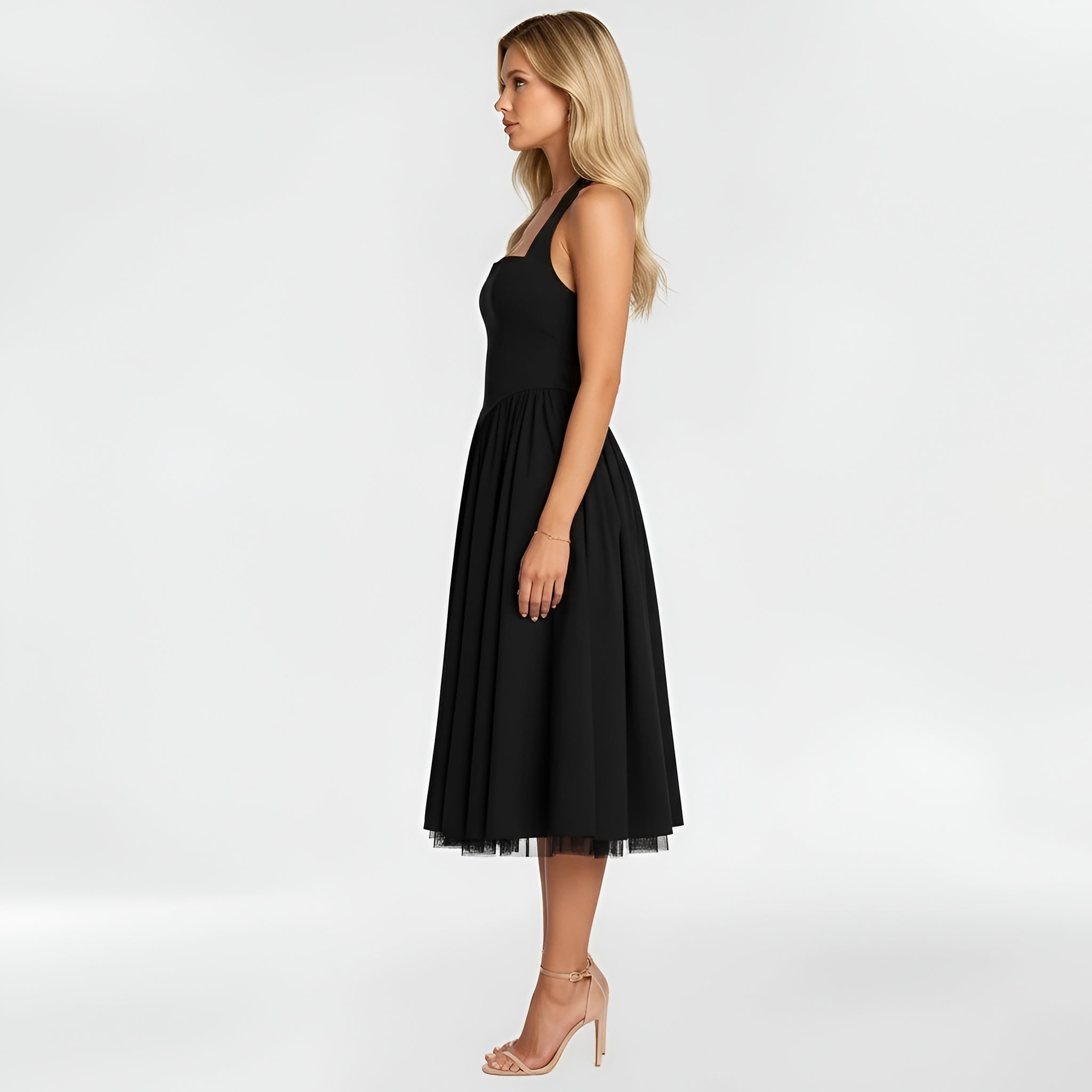 Dame midi kjole med halterneck og A-line pasform, elegant festkjole til kvinder