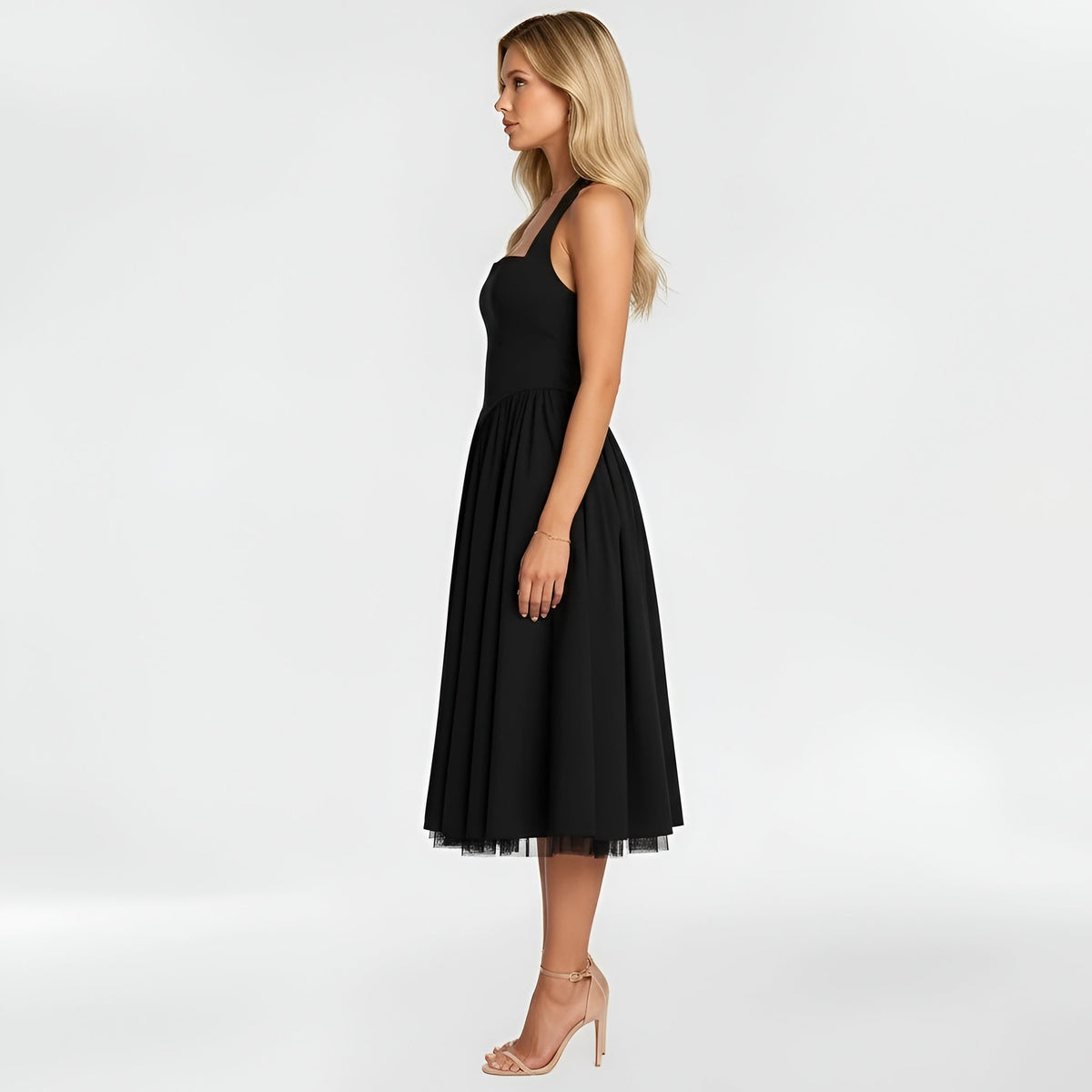 Women's midi dress with halter neck and A-line fit, elegant party dress