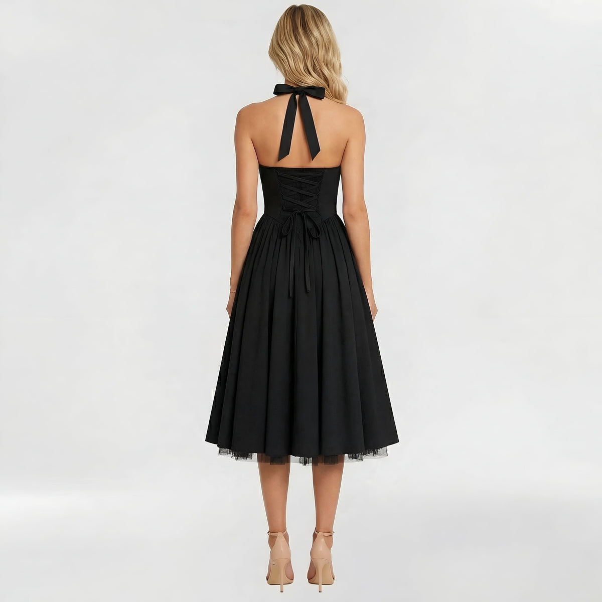 Women's midi dress with halter neck and A-line fit, elegant party dress