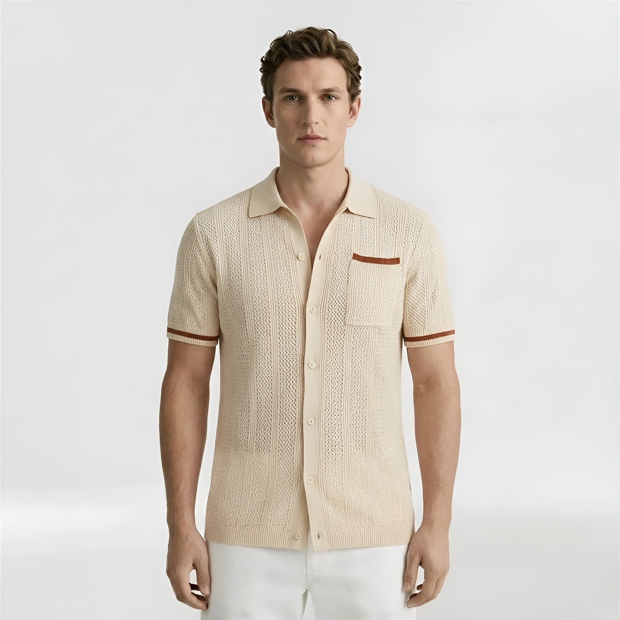 Polo de malha para homem, manga curta, mistura de algodão, com botões e bolso no peito