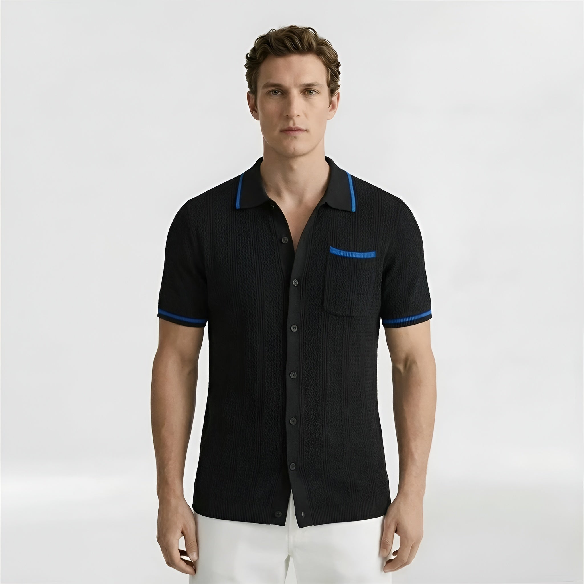 Polo de malha para homem, manga curta, mistura de algodão, com botões e bolso no peito