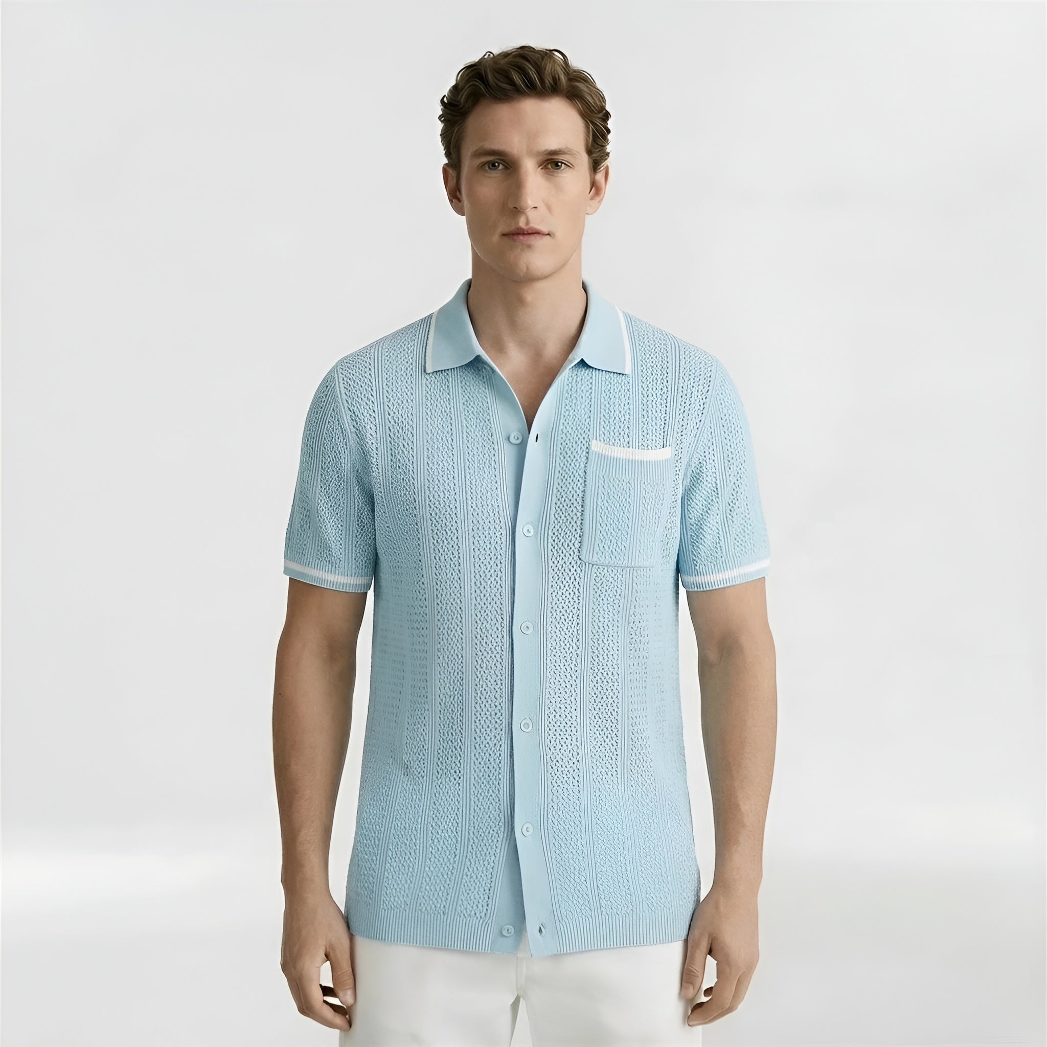 Polo de malha para homem, manga curta, mistura de algodão, com botões e bolso no peito