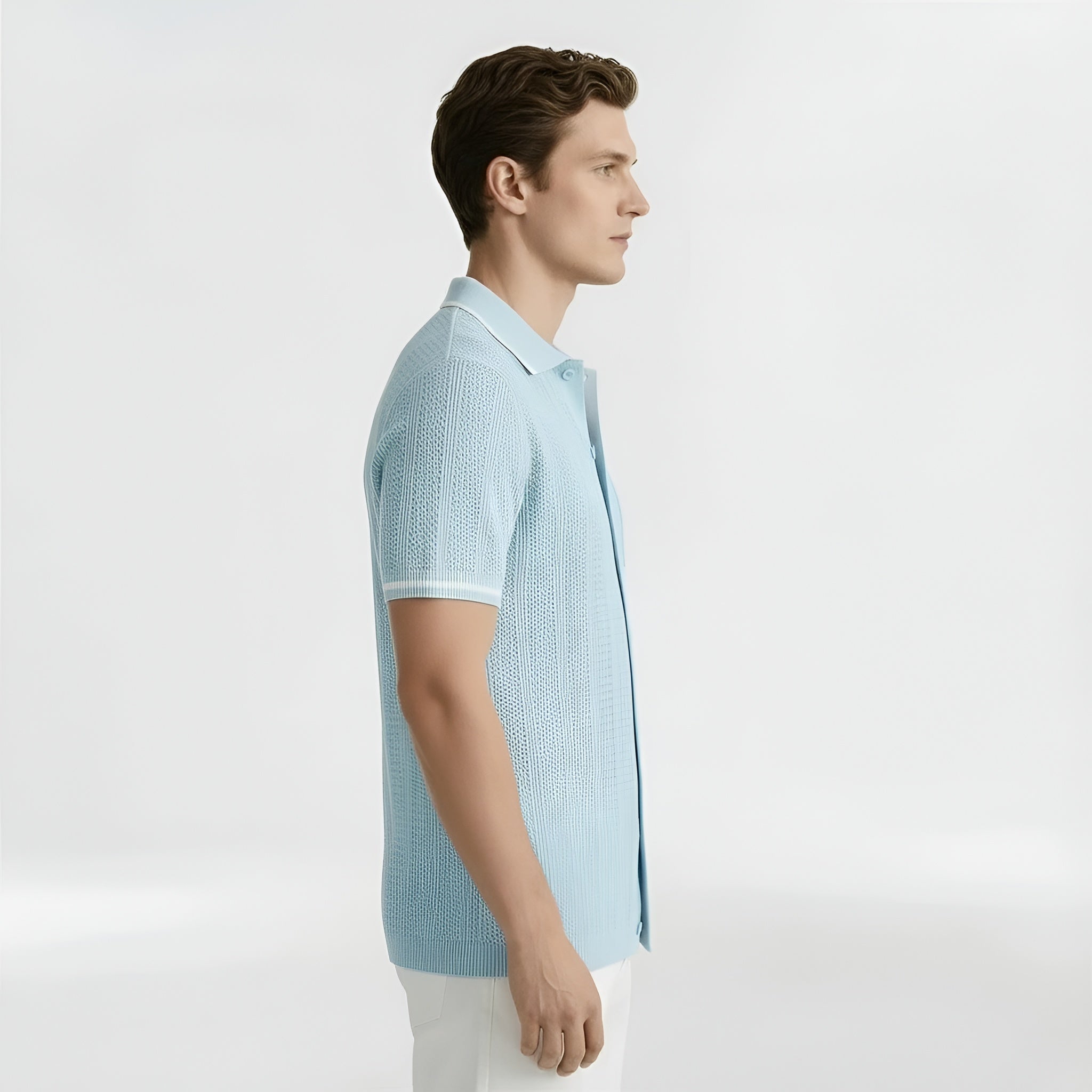 Polo de malha para homem, manga curta, mistura de algodão, com botões e bolso no peito