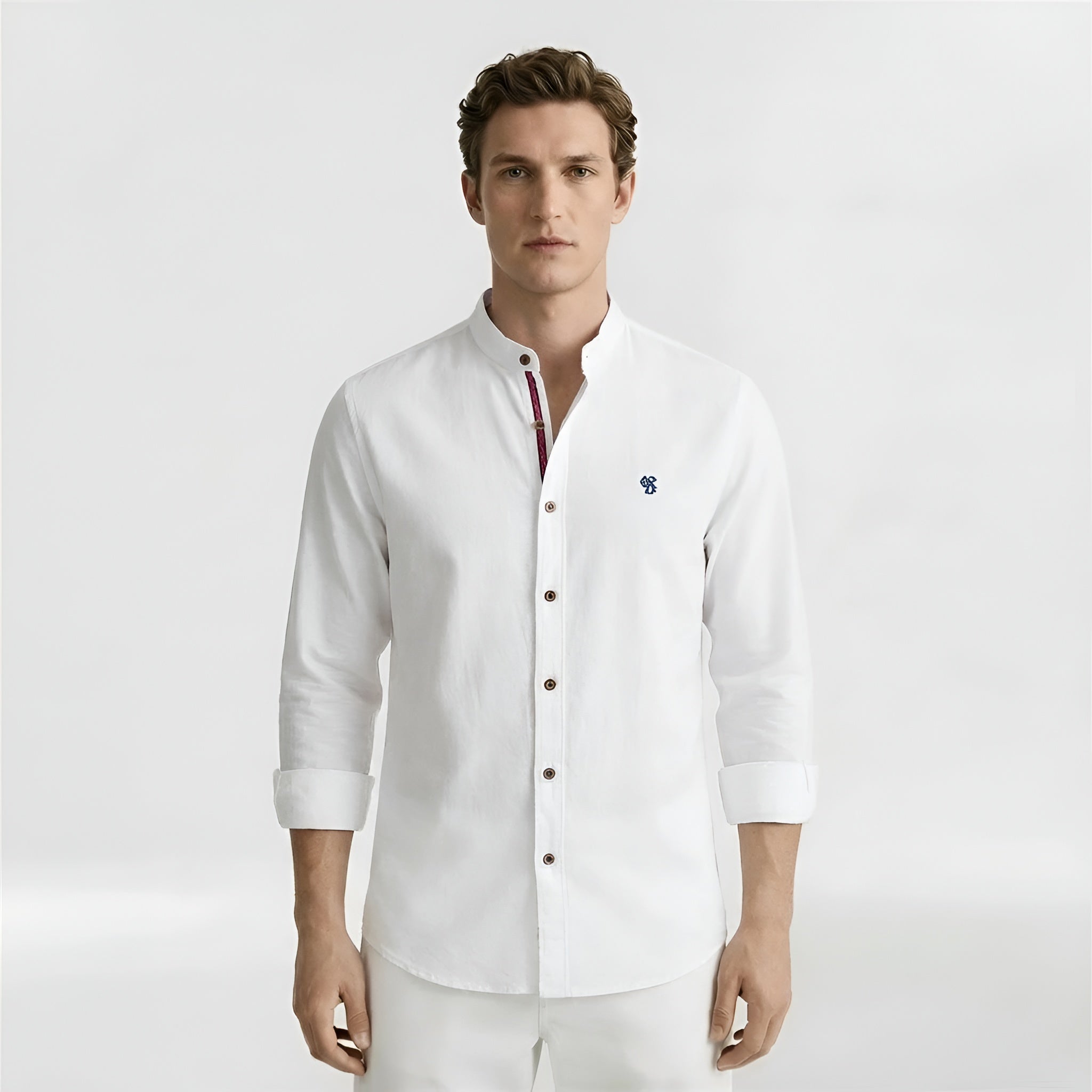 Pánská bavlněná košile s mandarínským límcem, klasická košile s dlouhým rukávem na každodenní nošení a do práce