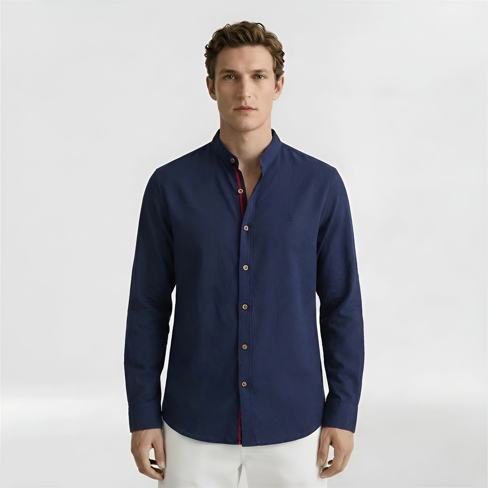 Pánská bavlněná košile s mandarínským límcem, klasická košile s dlouhým rukávem na každodenní nošení a do práce