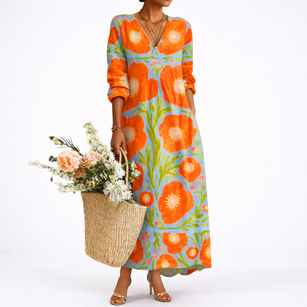 Blomstret Maxikjole med V-Hals – Let og Elegant Sommerkjole