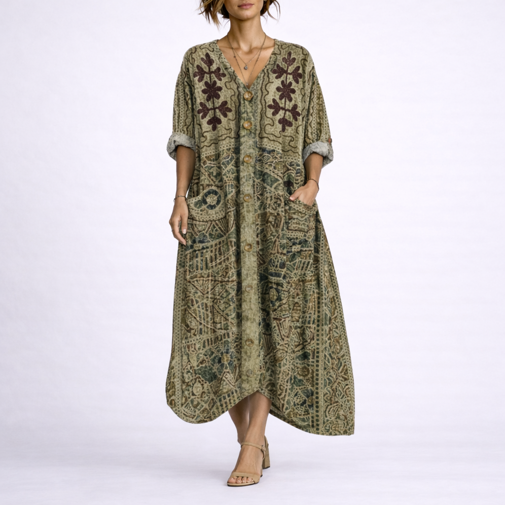 Boheme Kaftan Kjole til Dame med Løs Pasform og Midi Længde