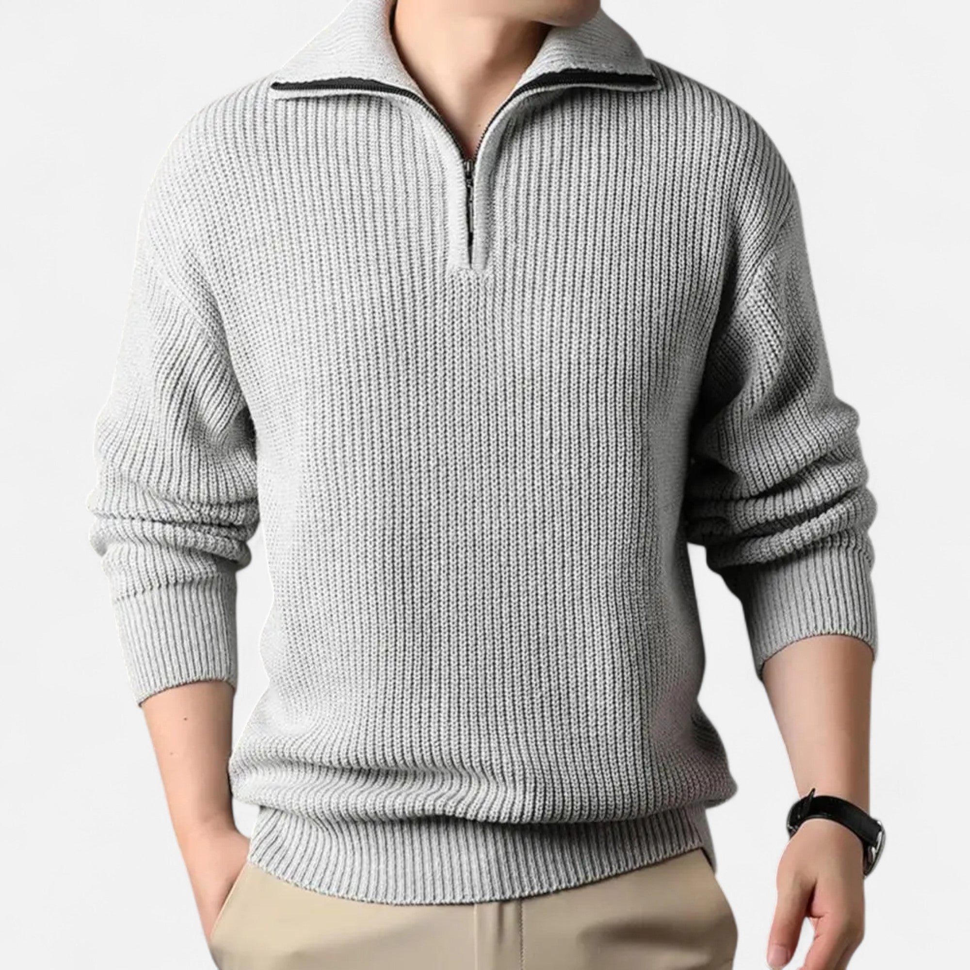 Mænds Ribstrikkede Half-Zip Uldblandingsstrik
