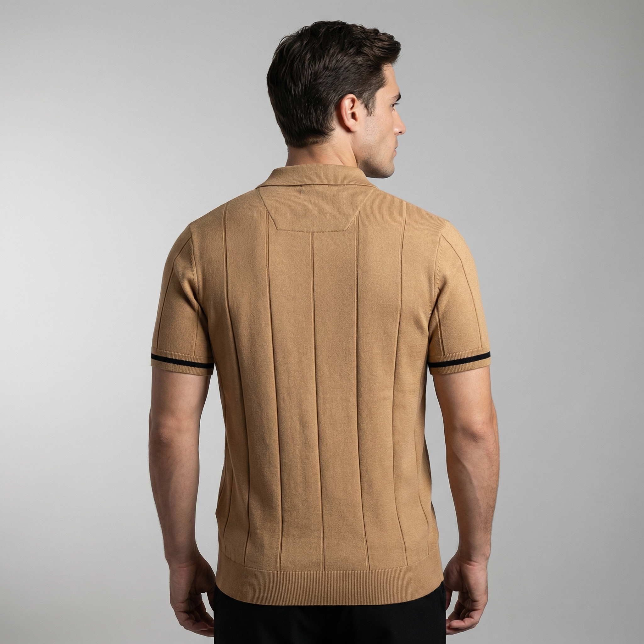 Dynamisk herre polo med zip og korte ærmer – lodrette striber