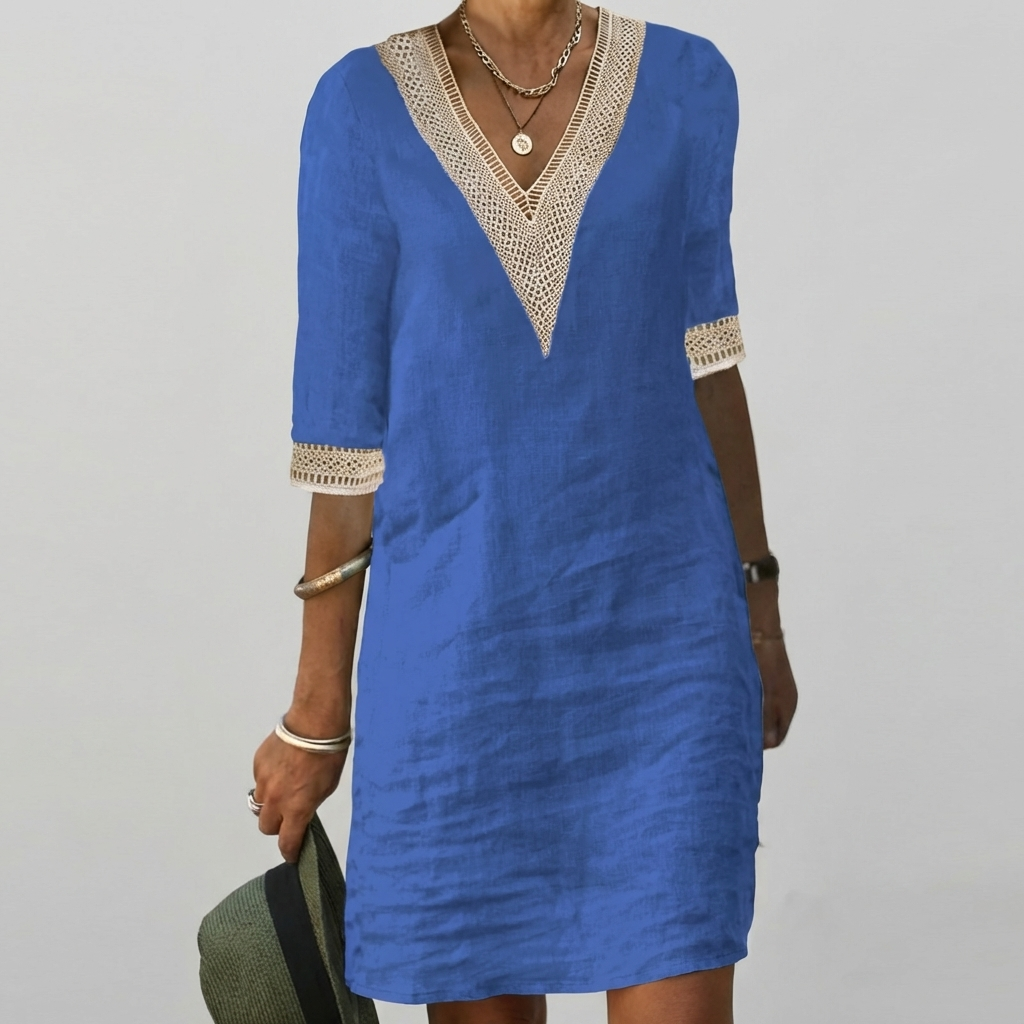 Relaxed dress in linen blend with V-neckline and lace trim