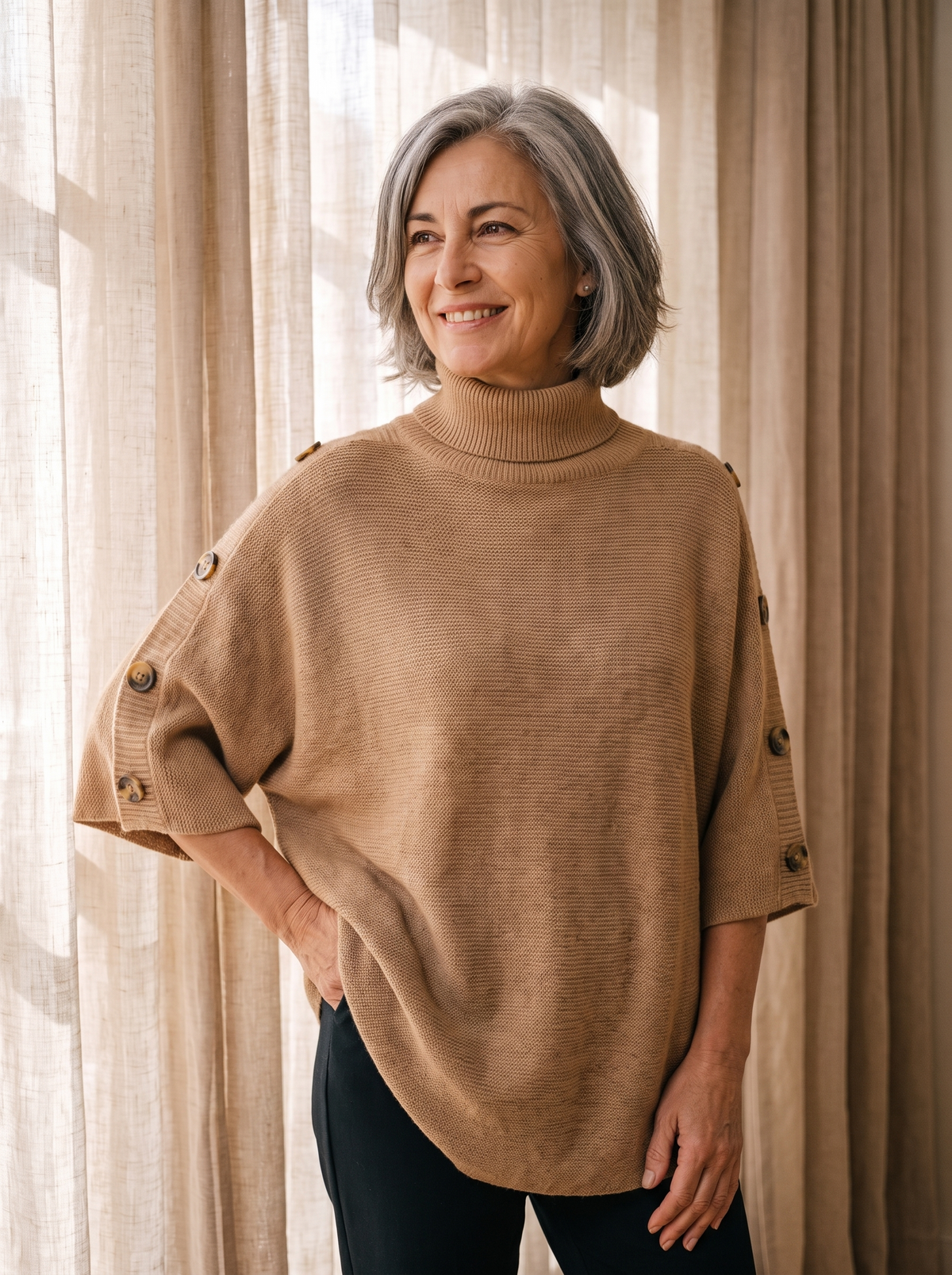 Strikket Poncho til Kvinder med Sideknapper