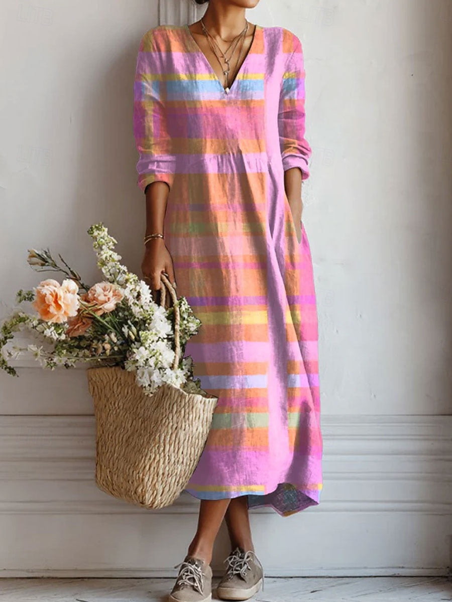 Boho Midi Kjole i Hørlook med Print til Dame
