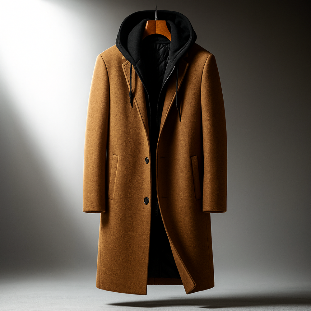 Long manteau en laine pour hommes avec capuche et fermeture à boutons