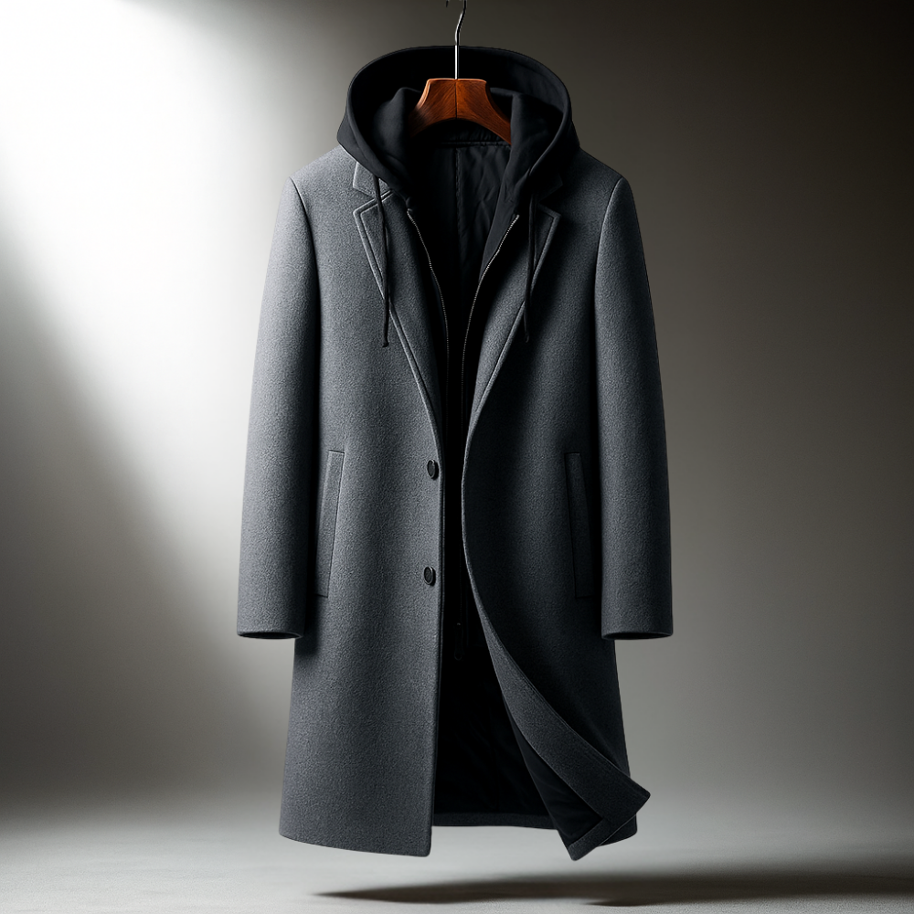 Long manteau en laine pour hommes avec capuche et fermeture à boutons
