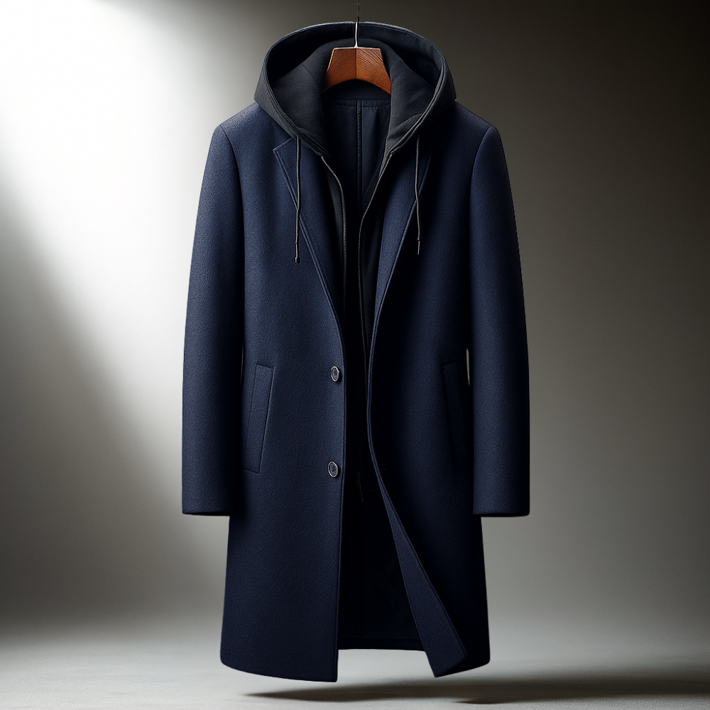 Long manteau en laine pour hommes avec capuche et fermeture à boutons