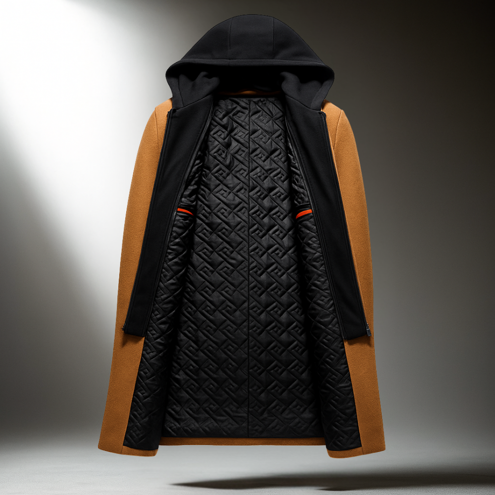 Long manteau en laine pour hommes avec capuche et fermeture à boutons