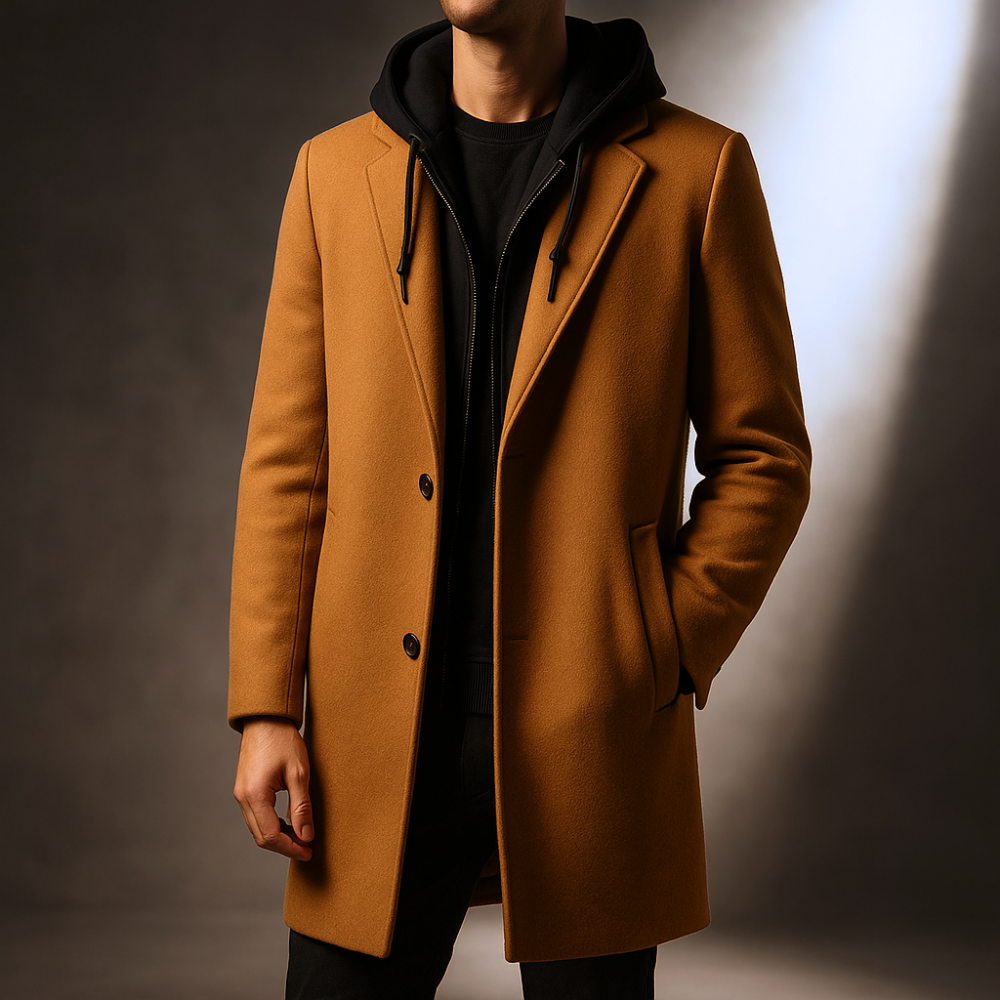 Long manteau en laine pour hommes avec capuche et fermeture à boutons