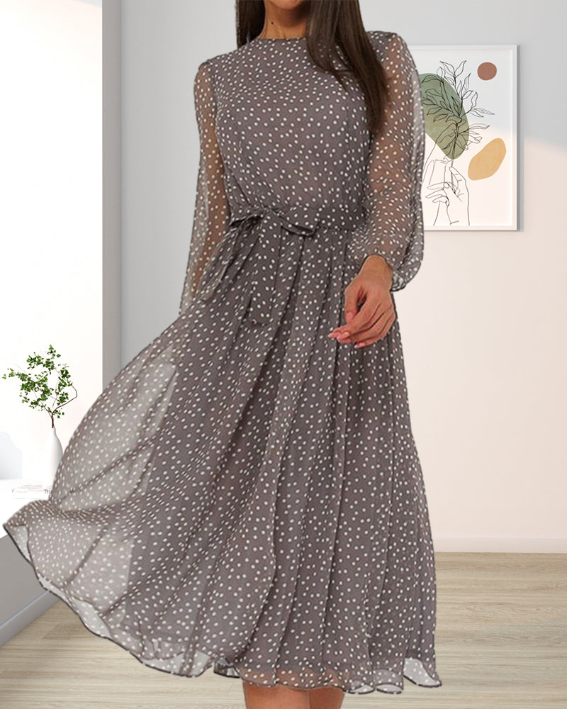 Vestido suelto de lunares para mujer, largo hasta la rodilla, línea A, manga larga, elegante y casual para uso diario