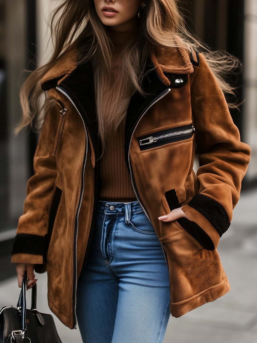 Aviatorjakke til Kvinder i Ruskindslook med Shearling-Kanter